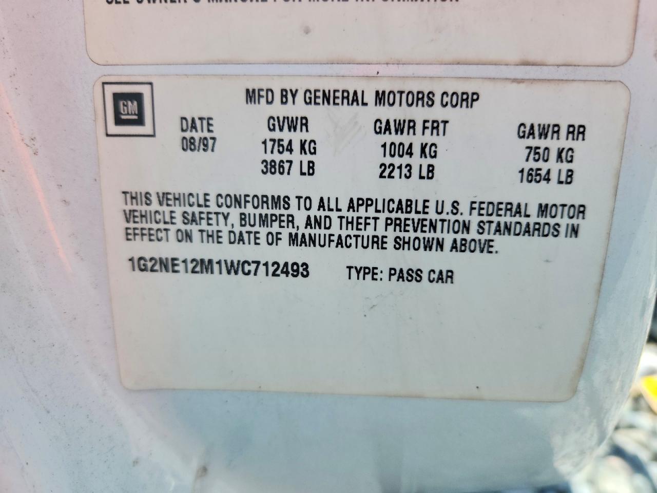 1998 Pontiac Grand Am Se White vin: 1G2NE12M1WC712493