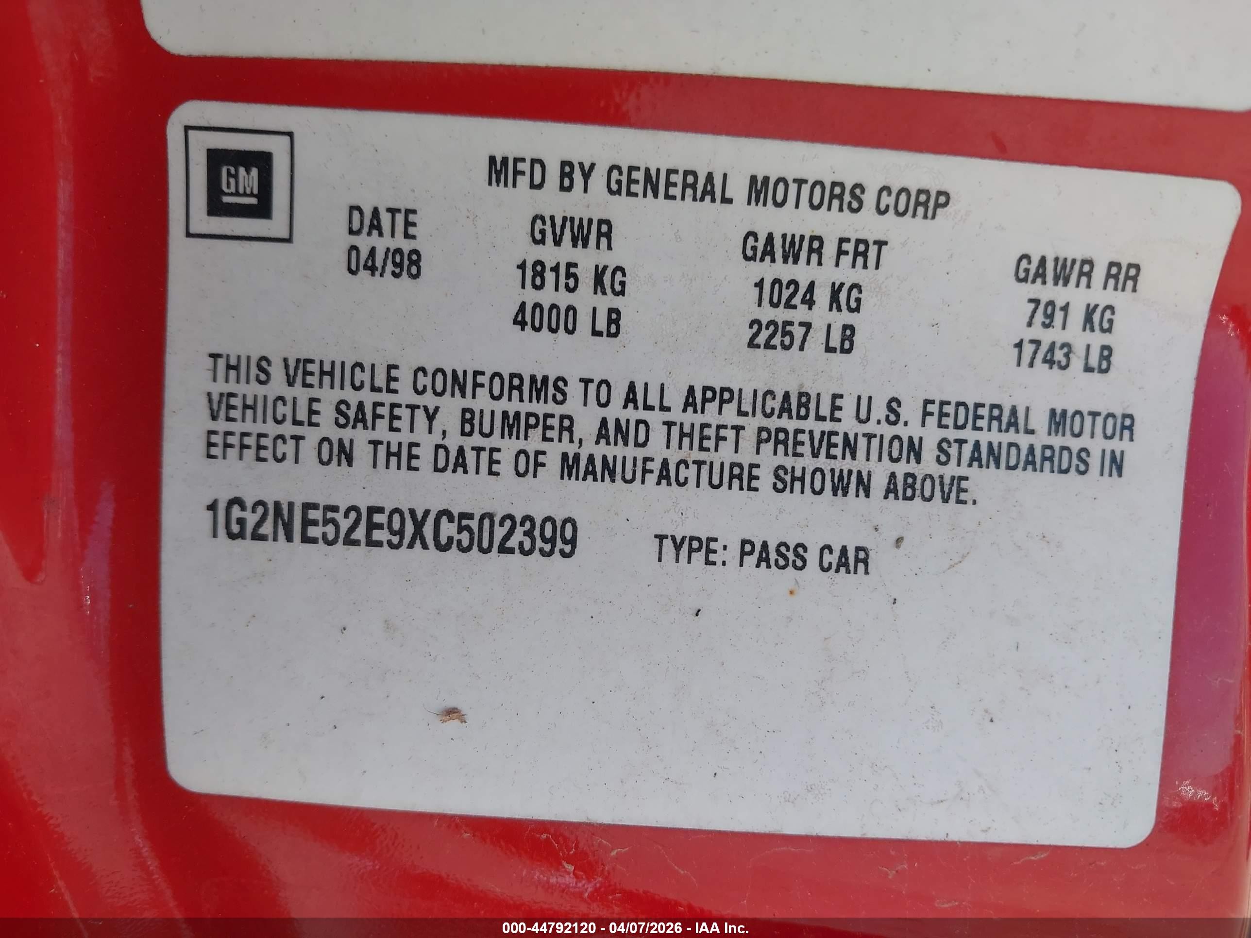 1999 Pontiac Grand Am Se1 Red vin: 1G2NE52E9XC502399