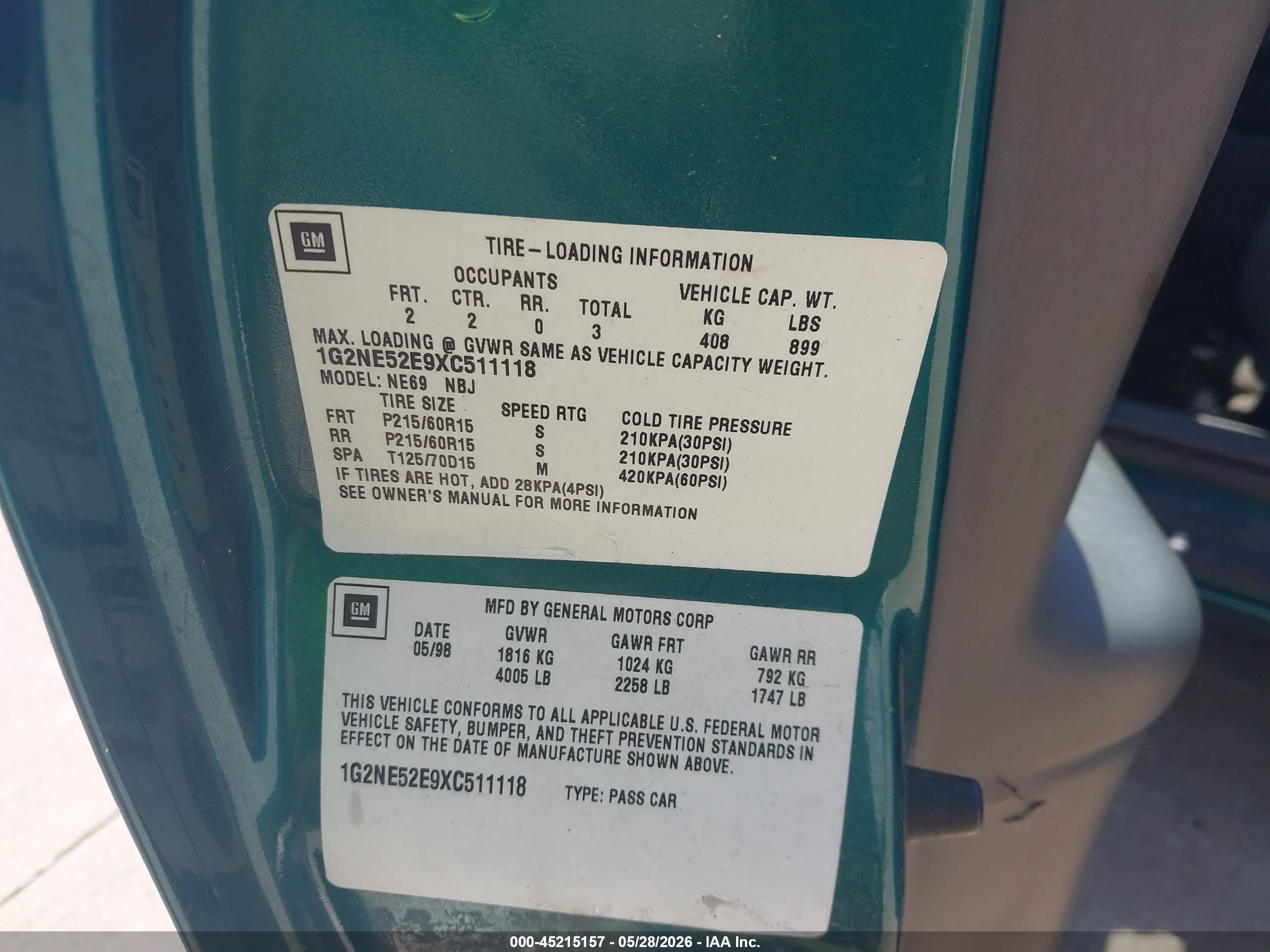 1999 Pontiac Grand Am Se1 Green vin: 1G2NE52E9XC511118