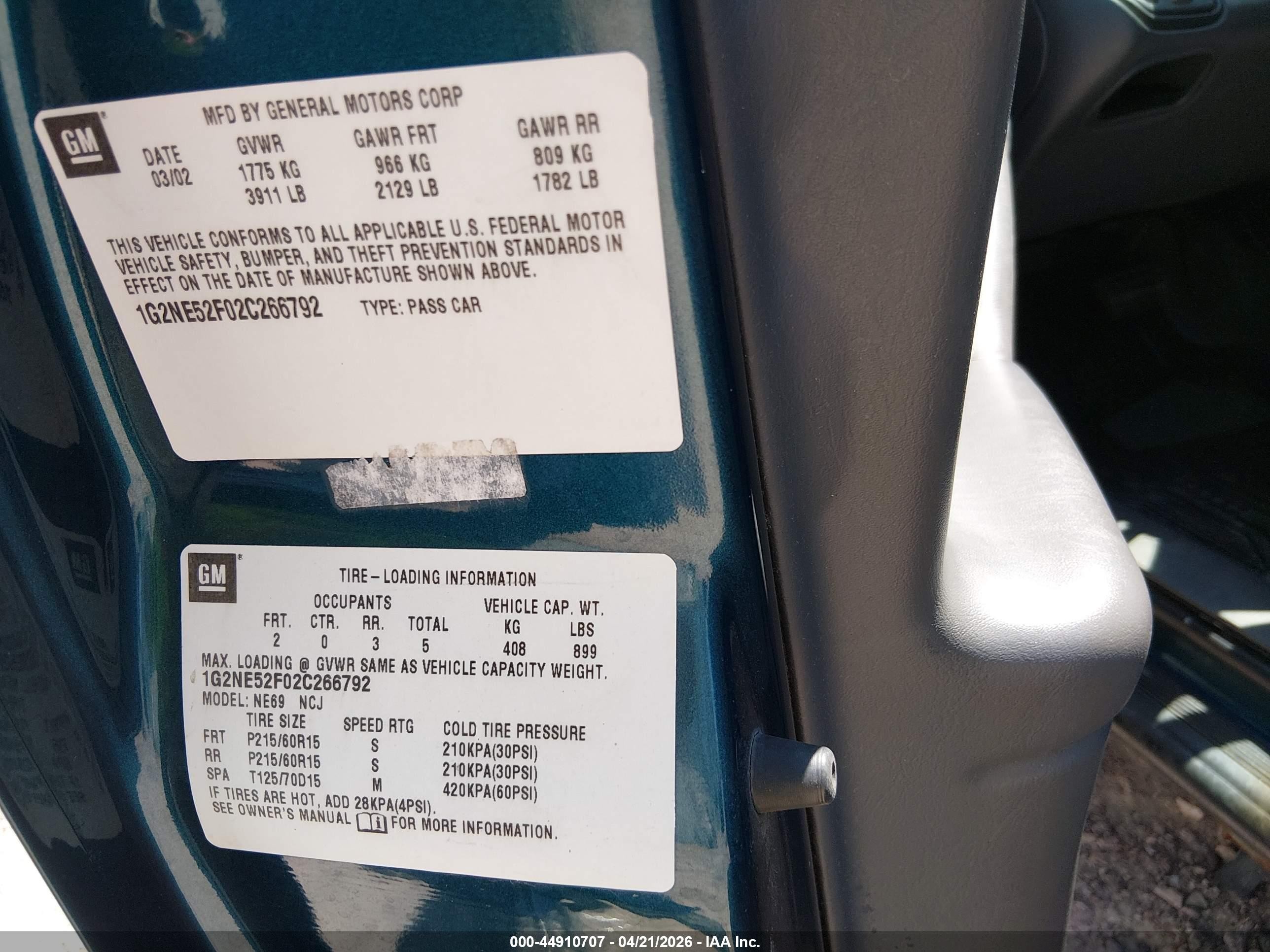 2002 Pontiac Grand Am Se Green vin: 1G2NE52F02C266792