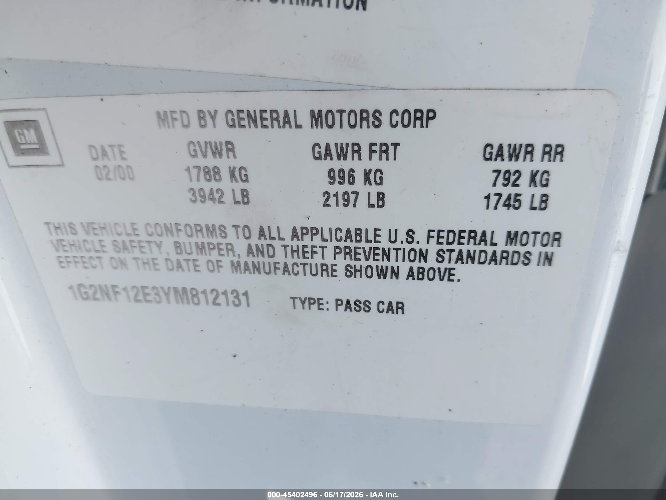 2000 Pontiac Grand Am Se1 White vin: 1G2NF12E3YM812131