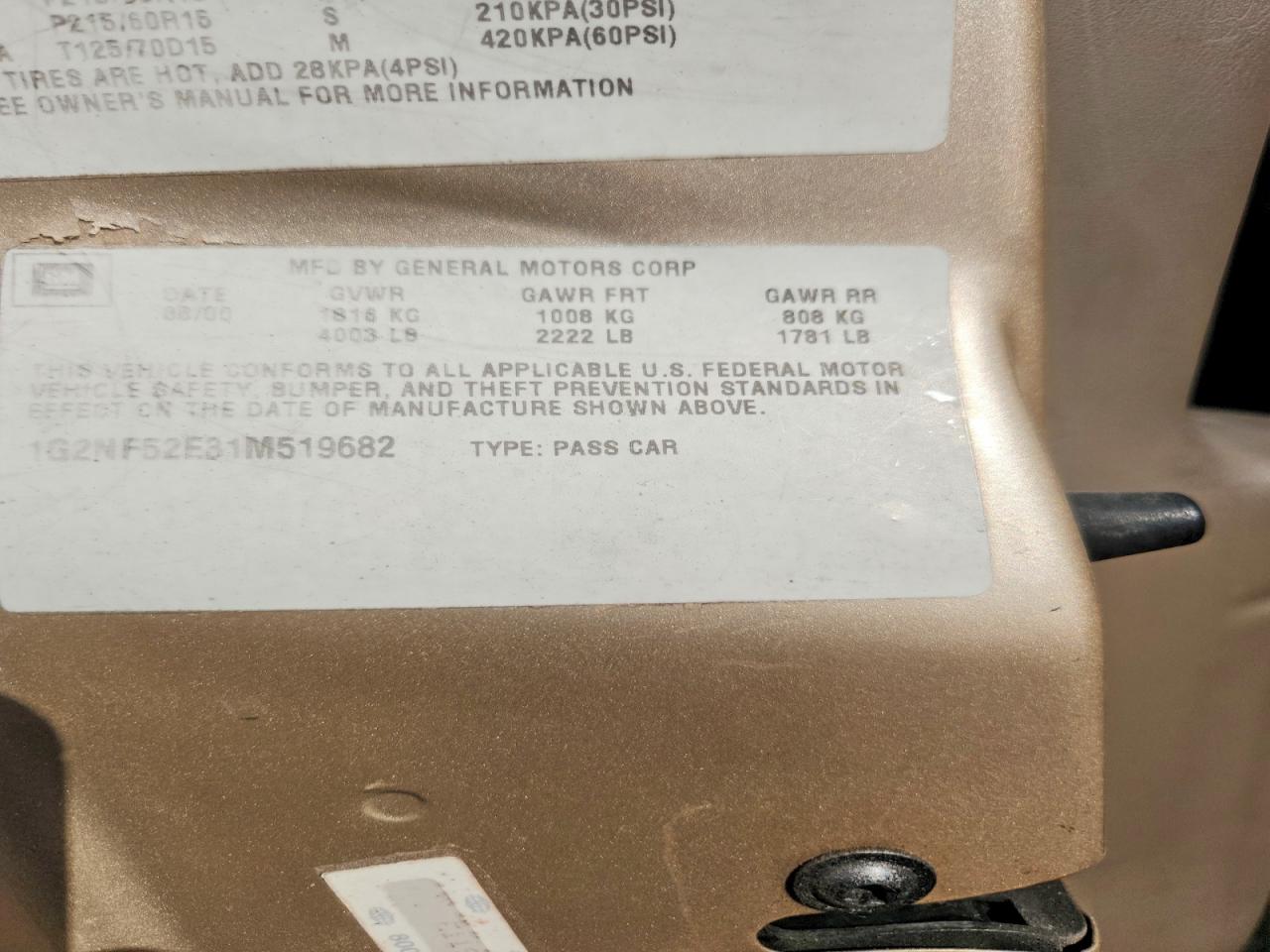 2001 Pontiac Grand Am Se1 Золотой vin: 1G2NF52E31M519682