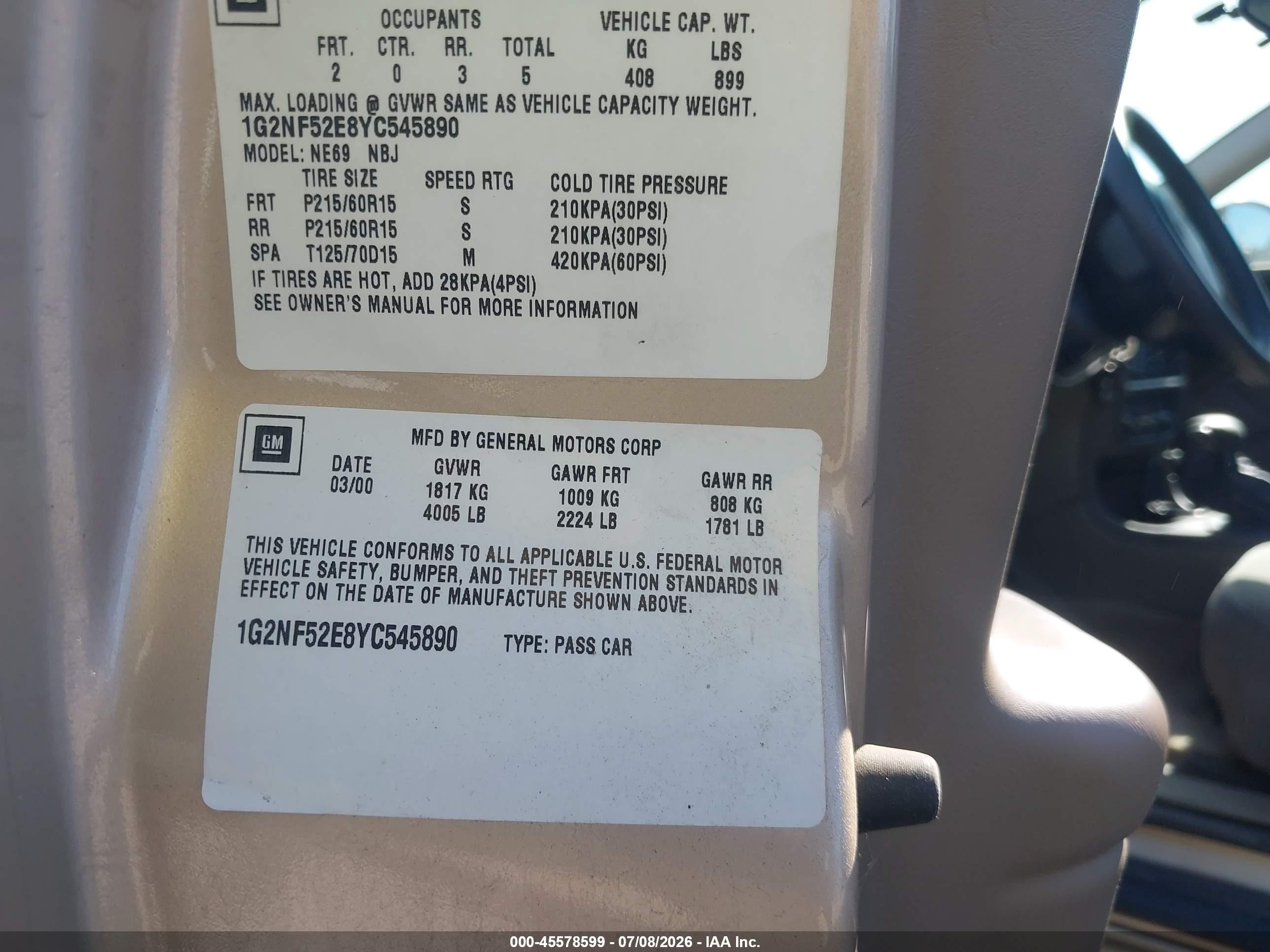 2000 Pontiac Grand Am Se1 Gold vin: 1G2NF52E8YC545890