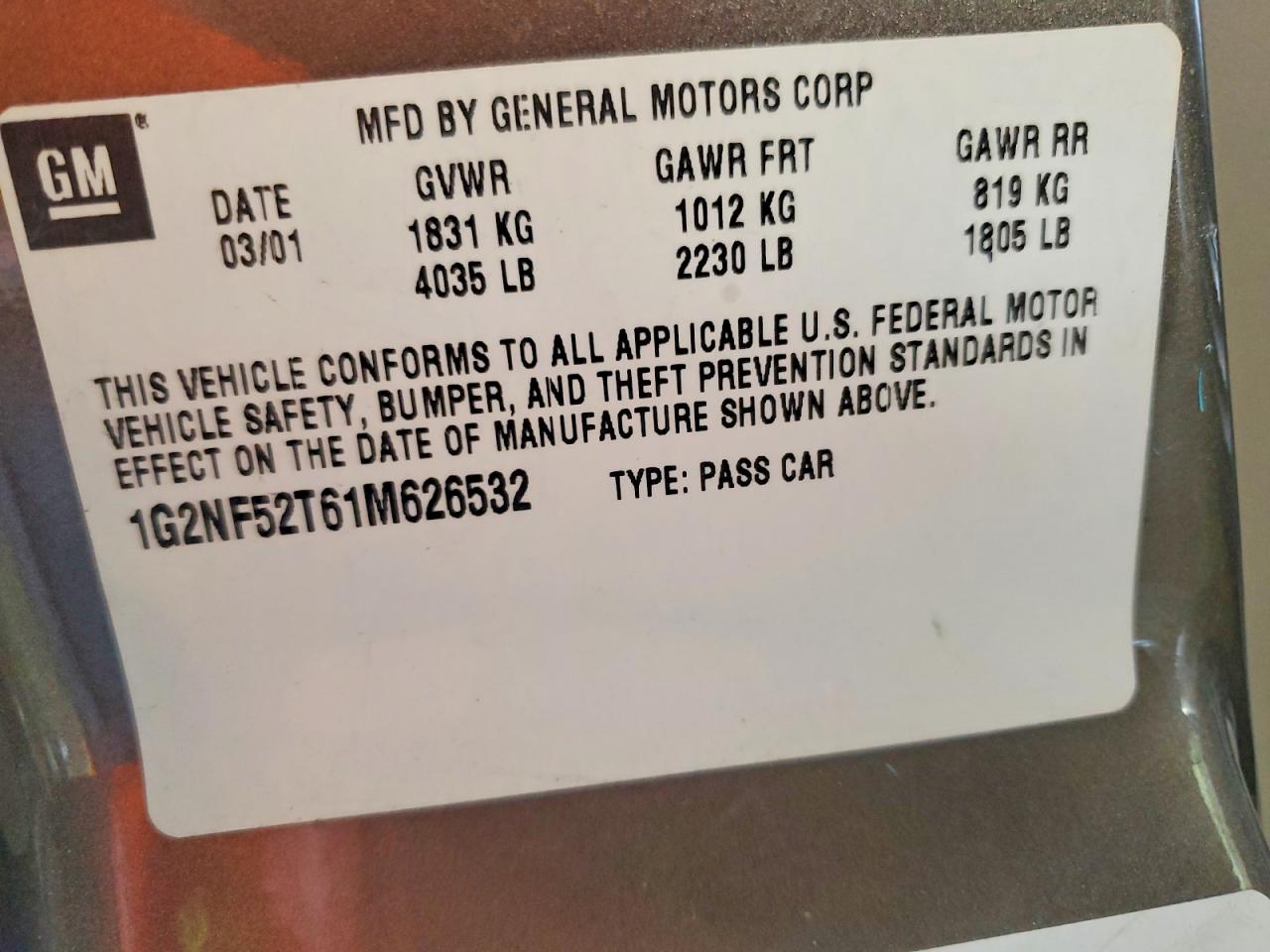 2001 Pontiac Grand Am Se1 Tan vin: 1G2NF52T61M626532