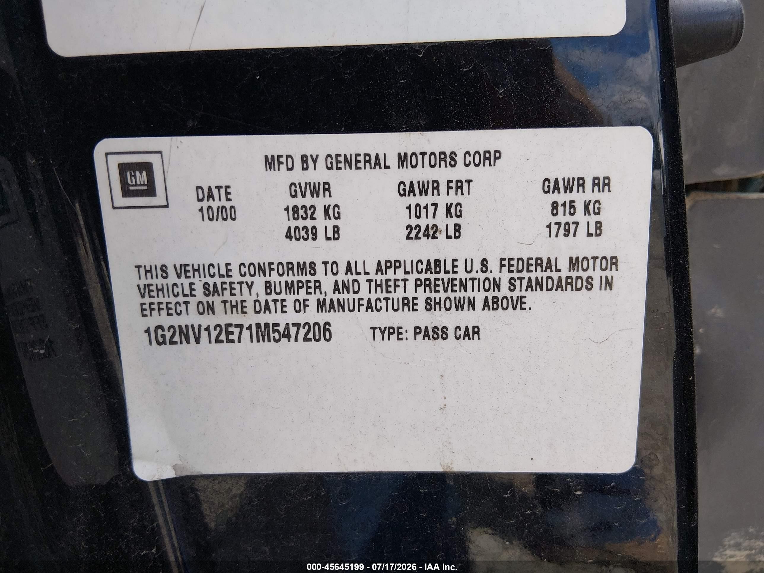 2001 Pontiac Grand Am Gt1 Черный vin: 1G2NV12E71M547206