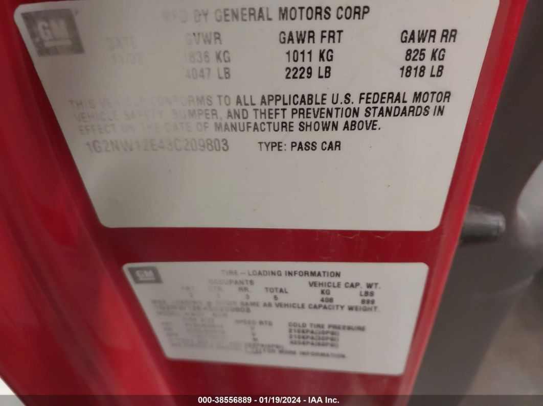 2003 Pontiac Grand Am Gt Red vin: 1G2NW12E43C209803