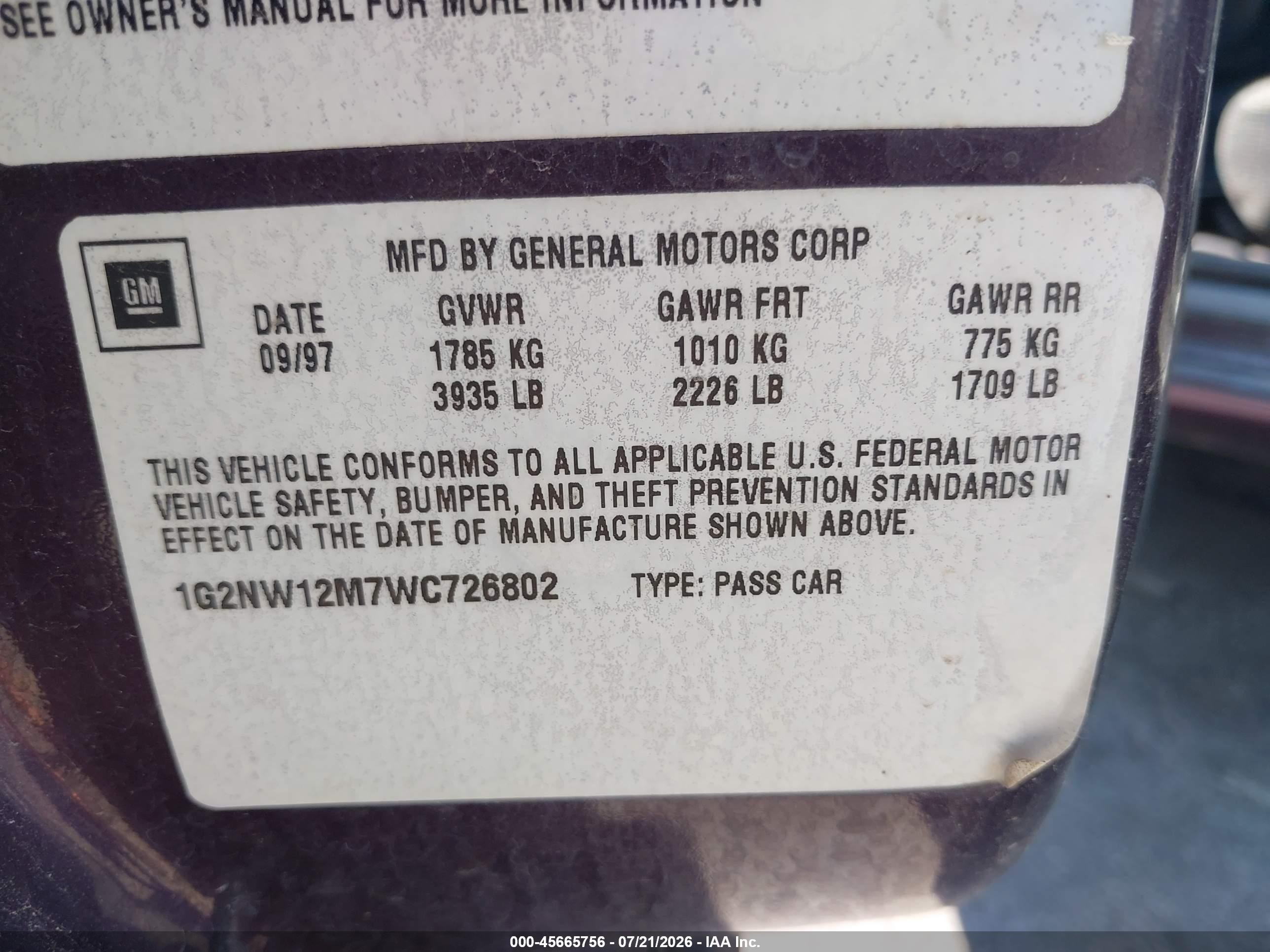 1998 Pontiac Grand Am Gt Purple vin: 1G2NW12M7WC726802