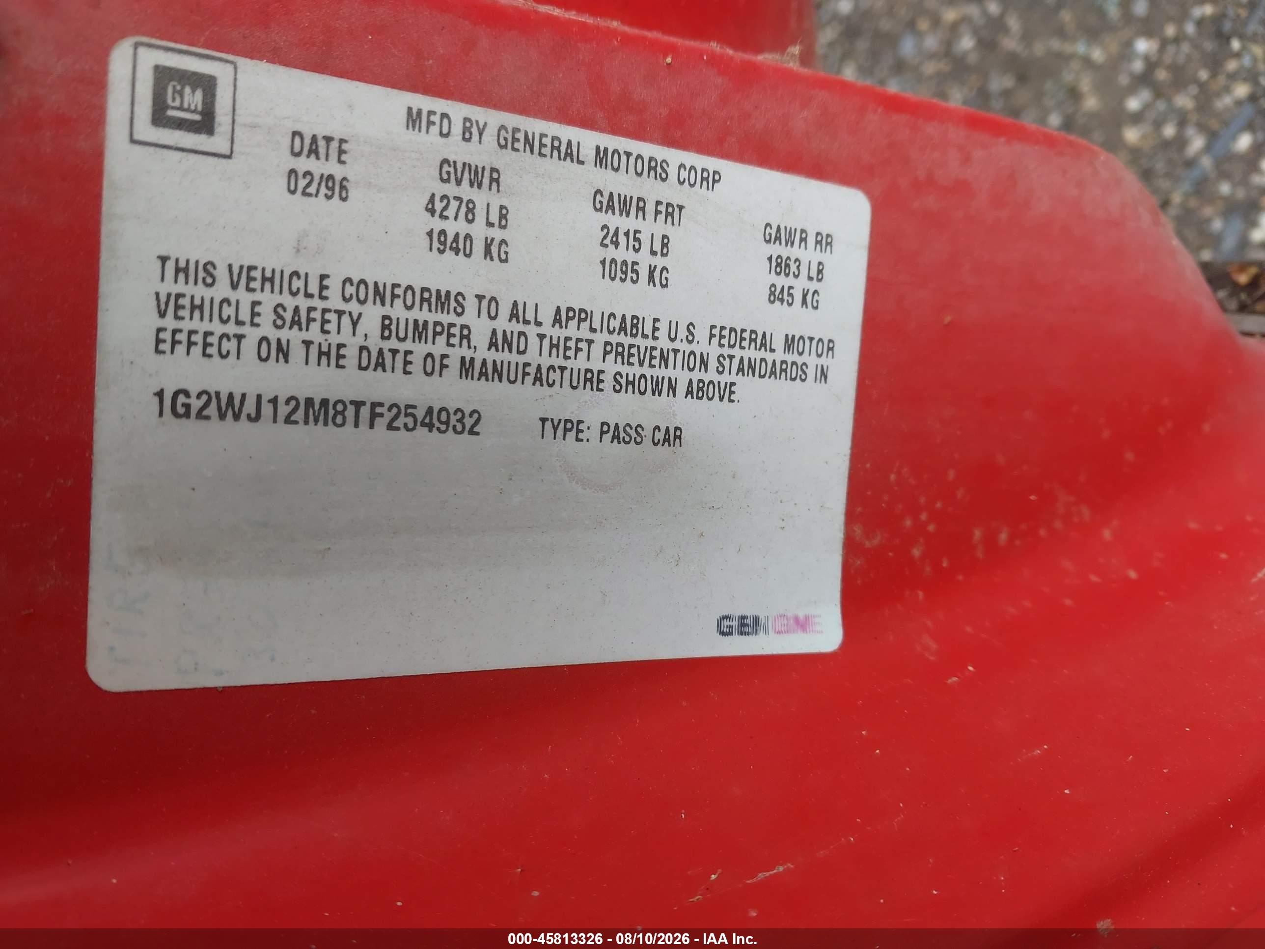 1996 Pontiac Grand Prix Se Red vin: 1G2WJ12M8TF254932