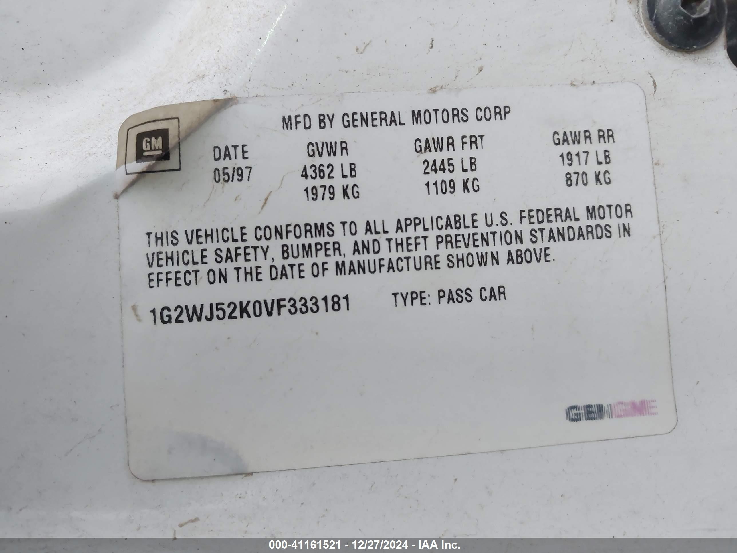1997 Pontiac Grand Prix Se White vin: 1G2WJ52K0VF333181