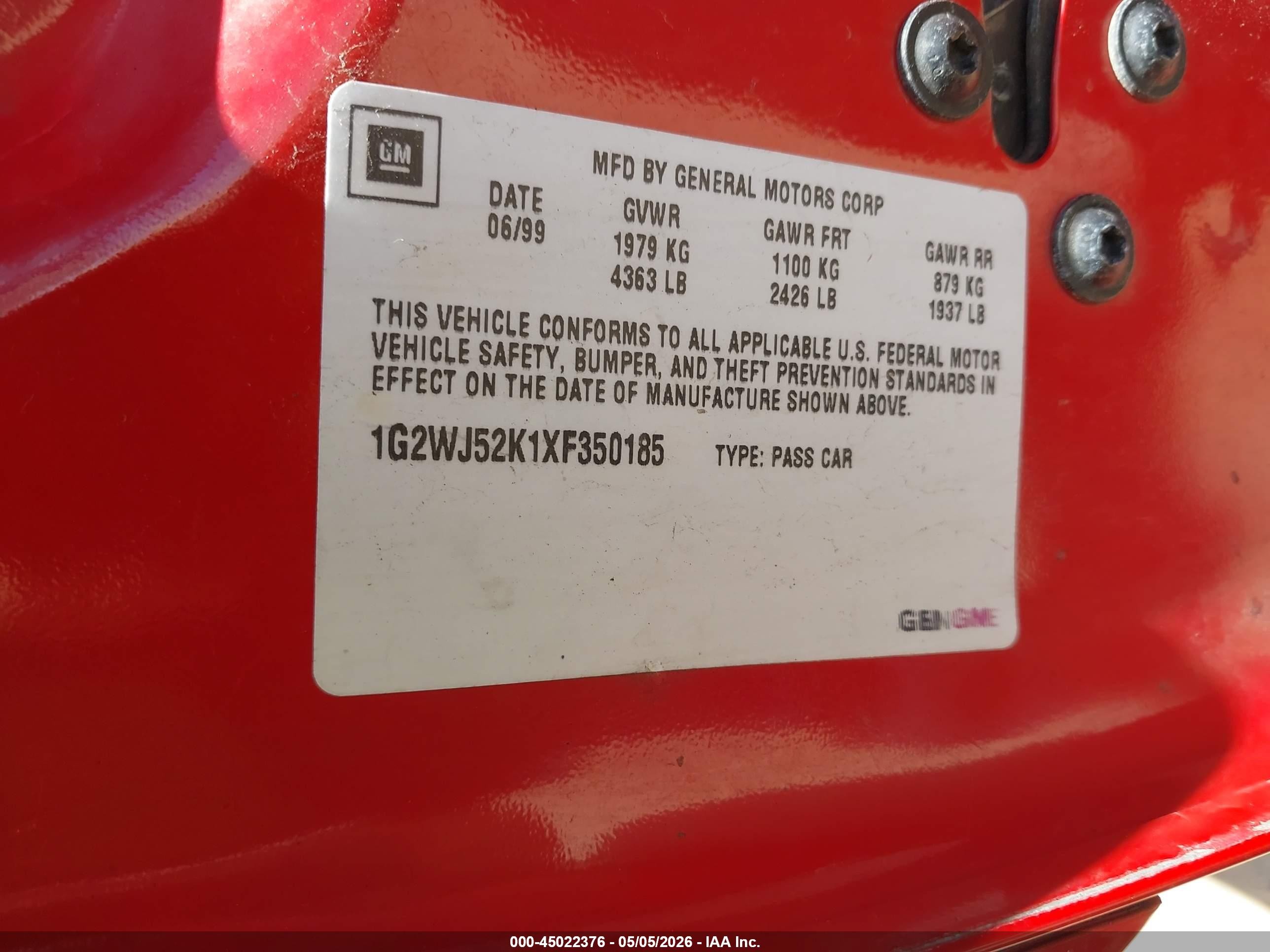 1999 Pontiac Grand Prix Se Red vin: 1G2WJ52K1XF350185