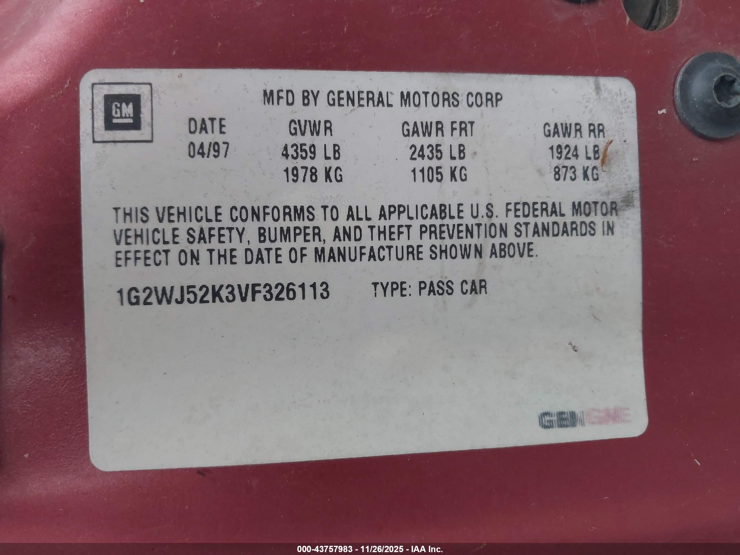 1997 Pontiac Grand Prix Se Cmi Красный vin: 1G2WJ52K3VF326113