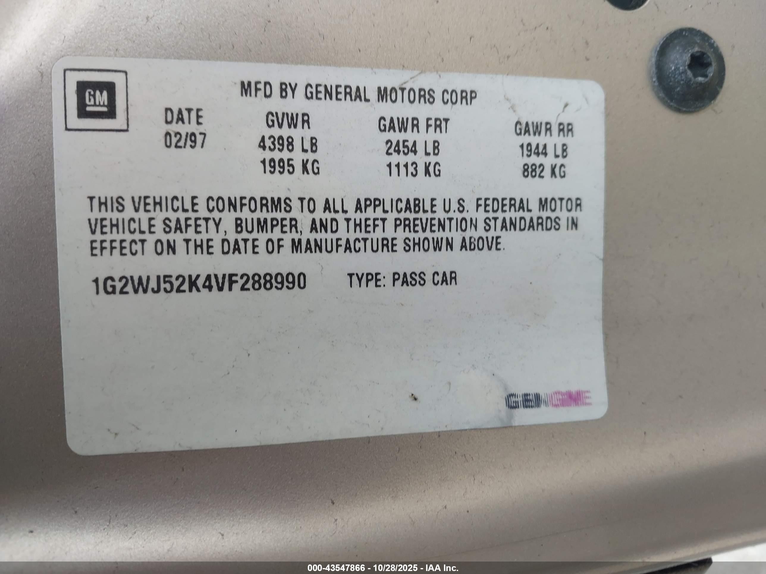 1997 Pontiac Grand Prix Se Beige vin: 1G2WJ52K4VF288990
