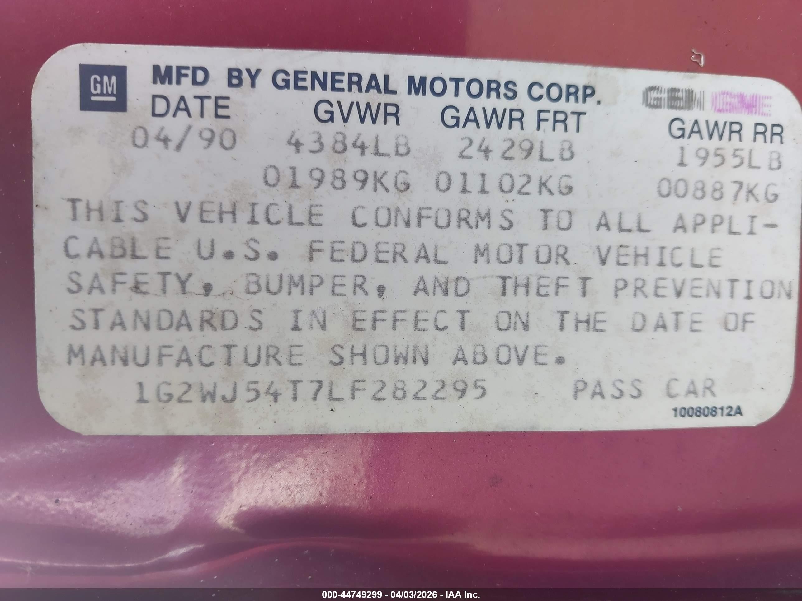 1990 Pontiac Grand Prix Le Maroon vin: 1G2WJ54T7LF282295