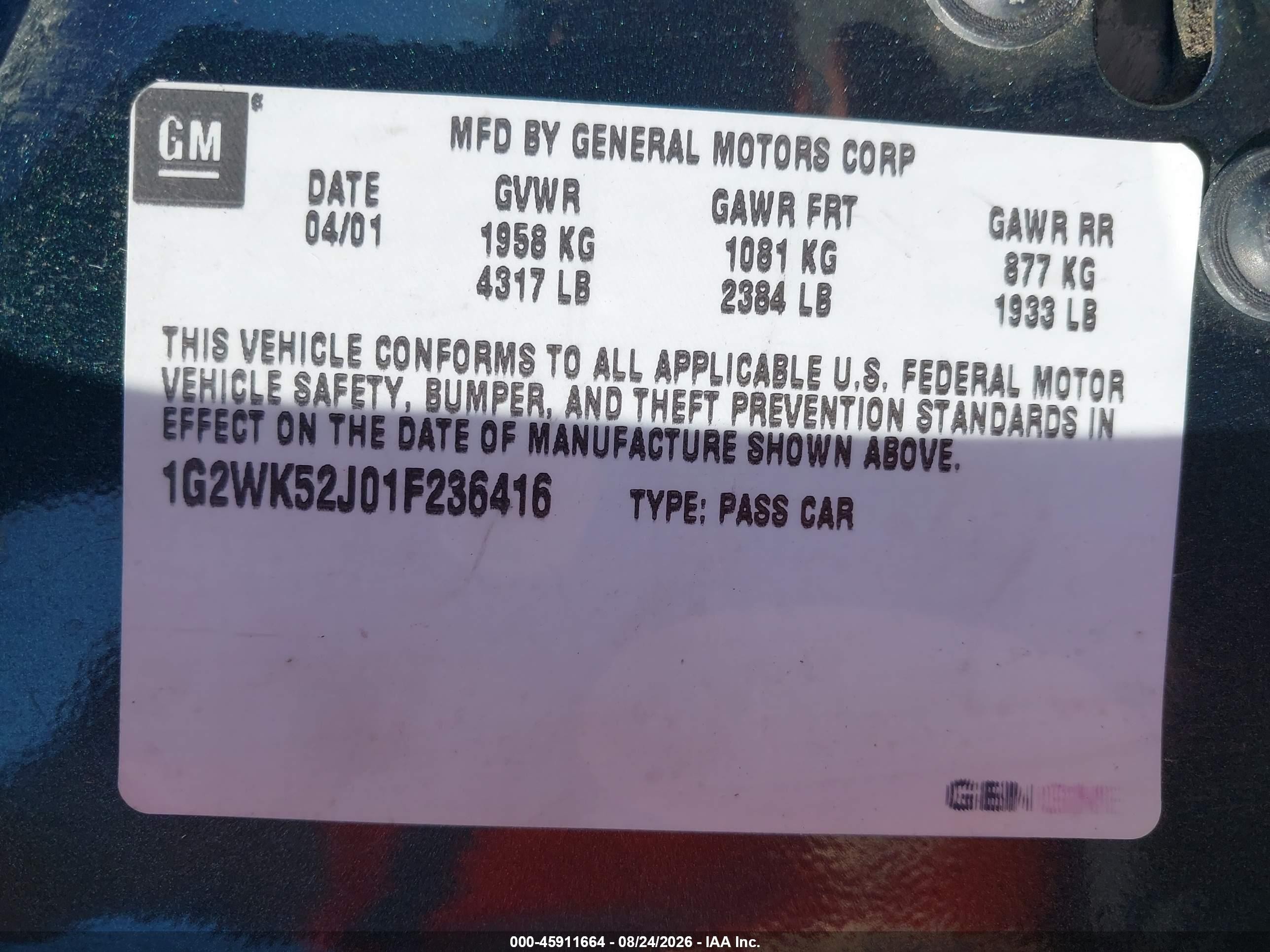2001 Pontiac Grand Prix Se Green vin: 1G2WK52J01F236416
