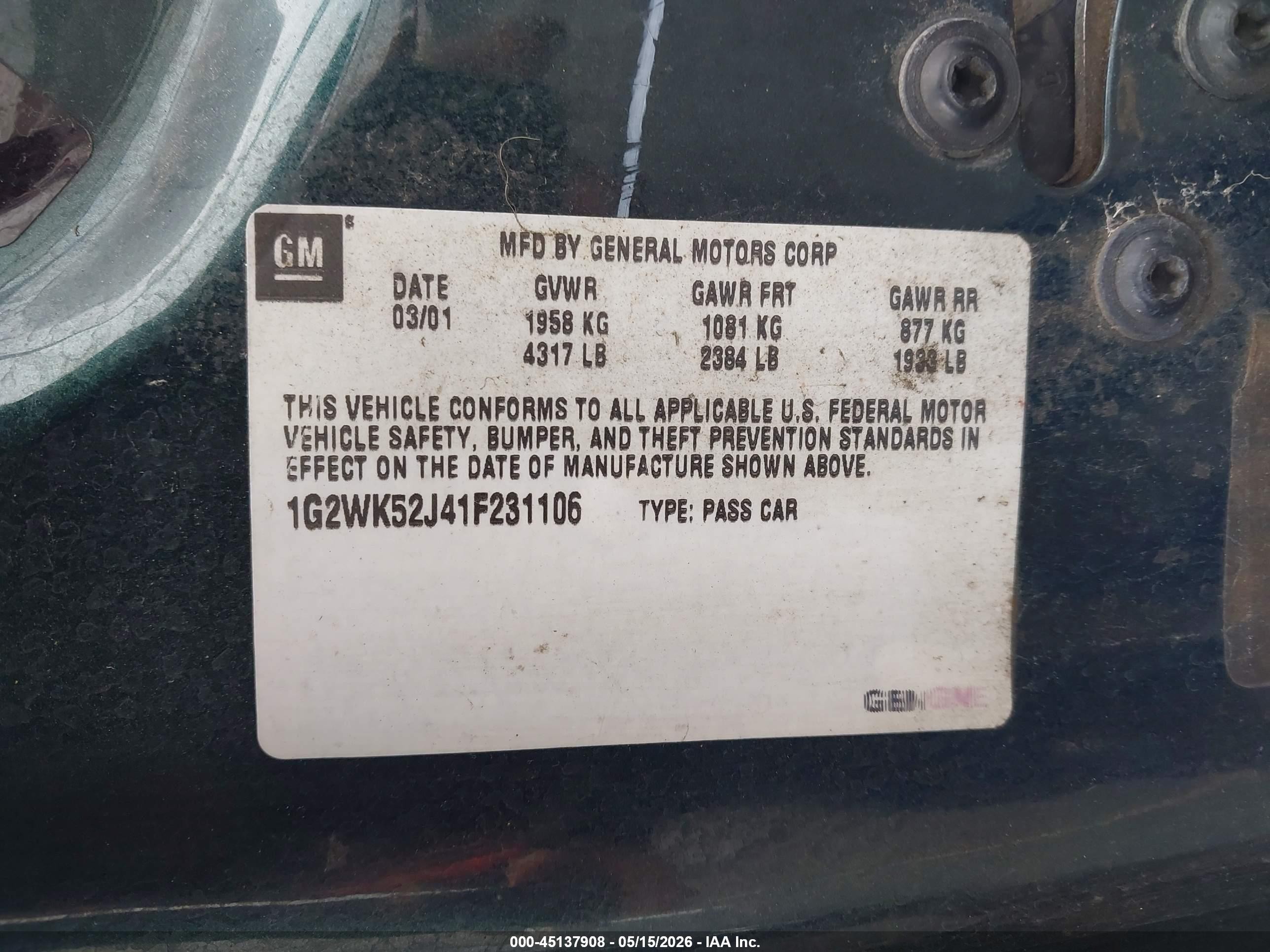 2001 Pontiac Grand Prix Se Green vin: 1G2WK52J41F231106