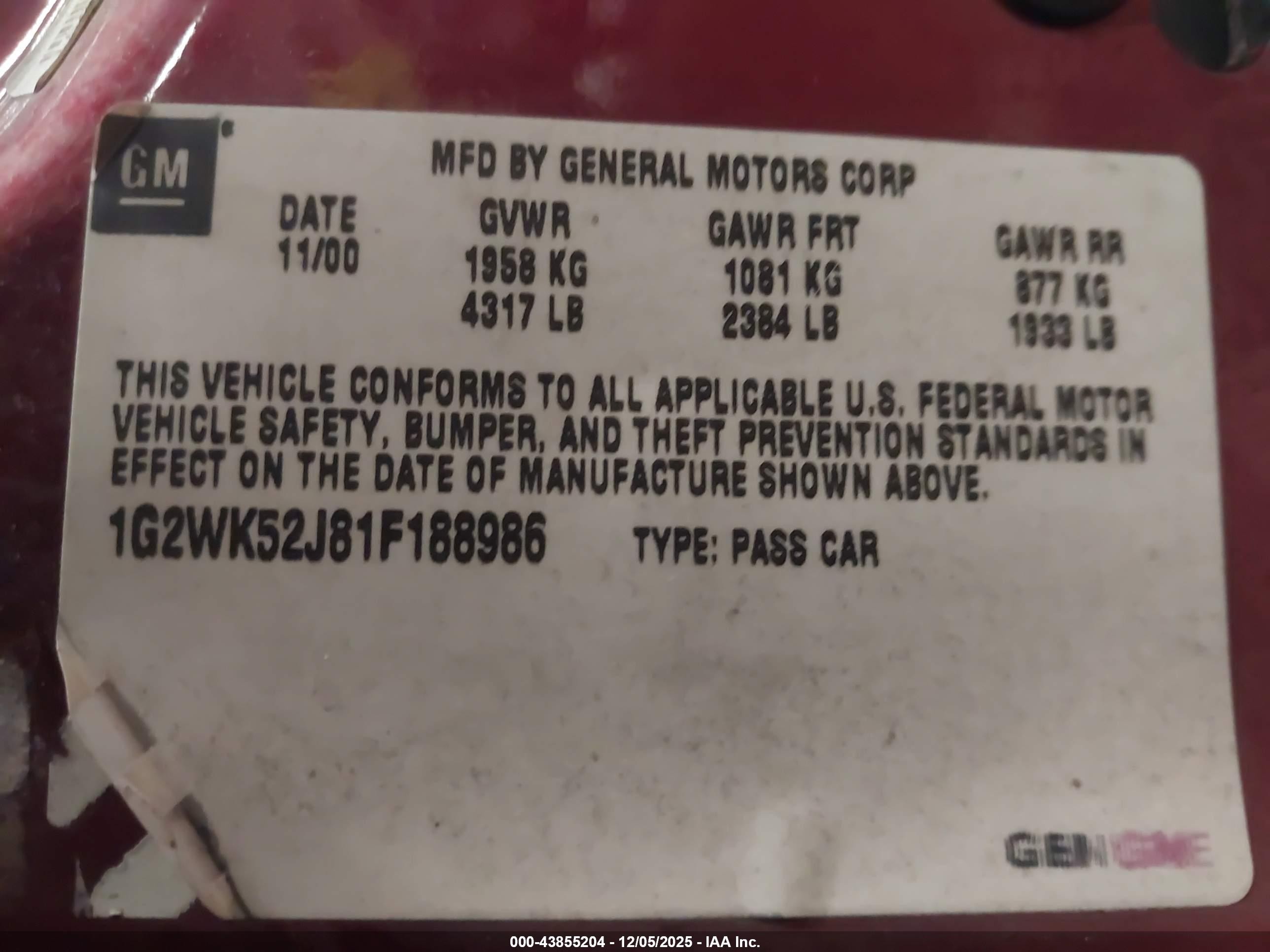 2001 Pontiac Grand Prix Se Red vin: 1G2WK52J81F188986