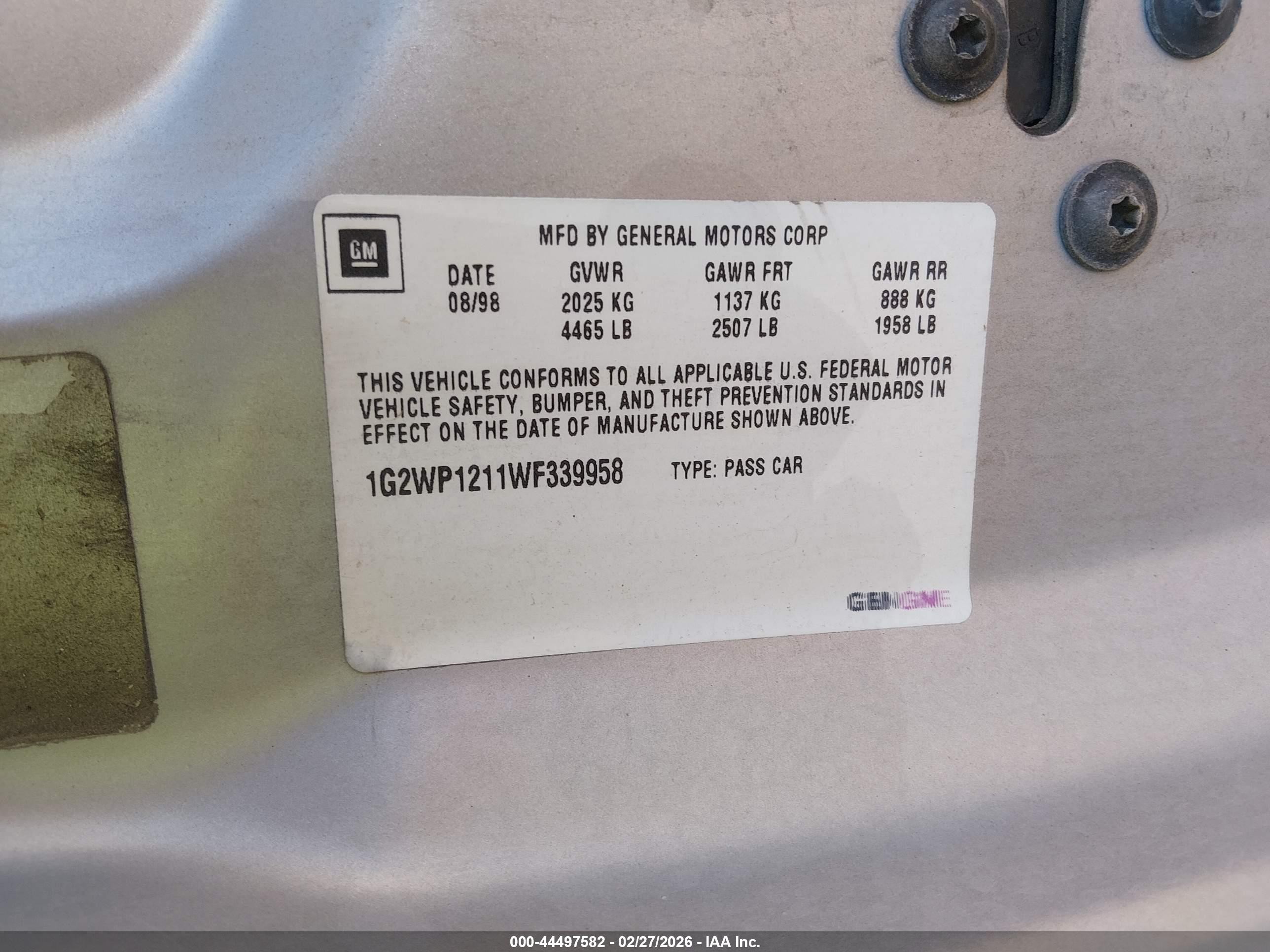 1998 Pontiac Grand Prix Gt Серебряный vin: 1G2WP1211WF339958