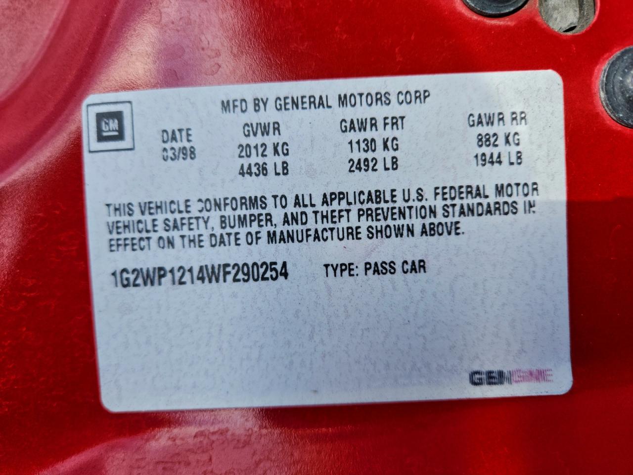 1998 Pontiac Grand Prix Gtp Red vin: 1G2WP1214WF290254