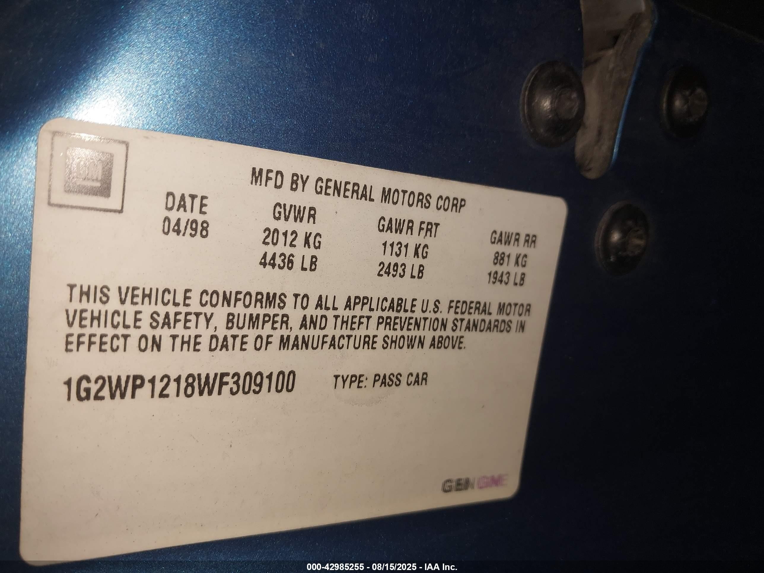 1998 Pontiac Grand Prix Gt Blue vin: 1G2WP1218WF309100
