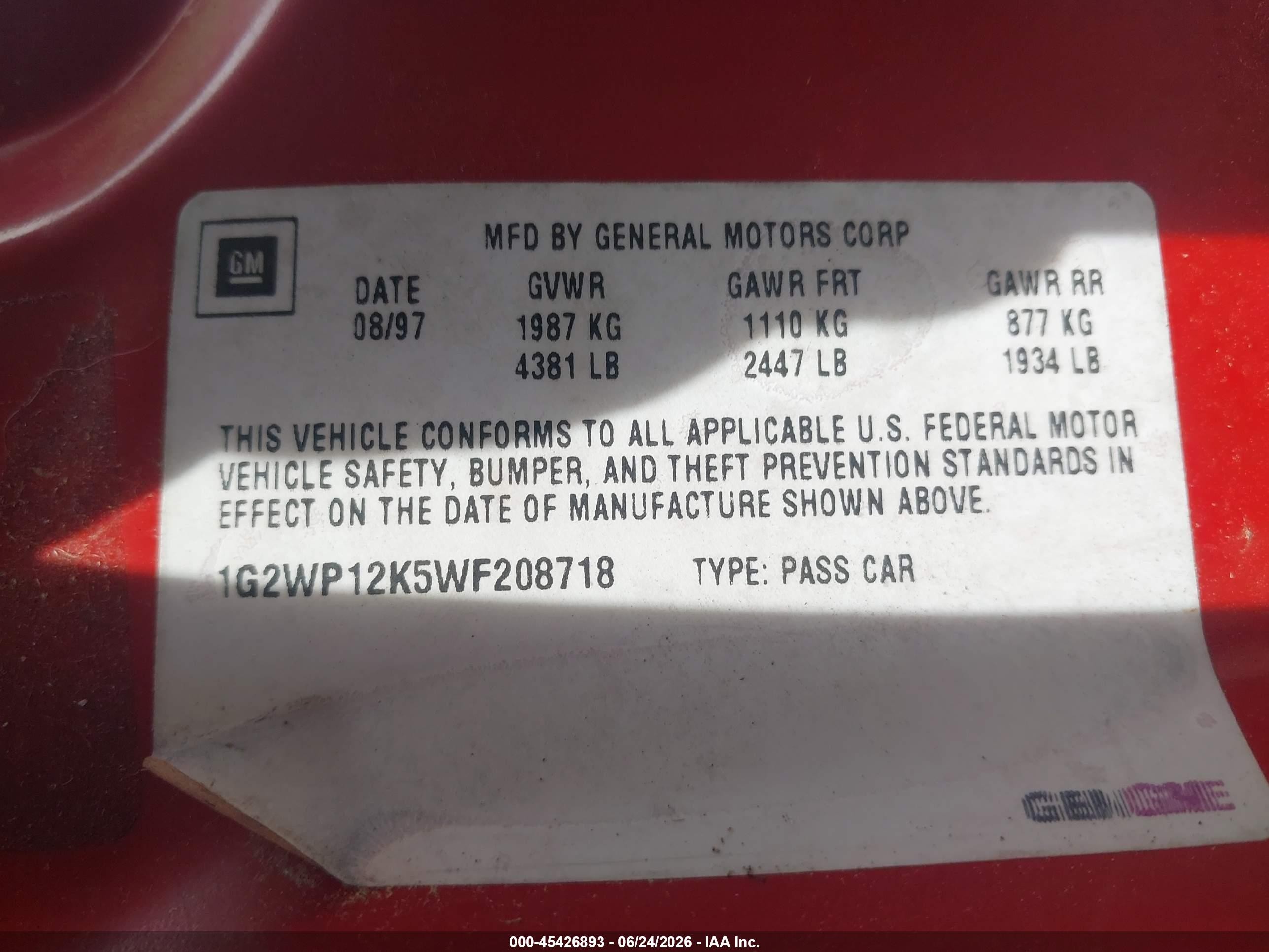 1998 Pontiac Grand Prix Gt Red vin: 1G2WP12K5WF208718