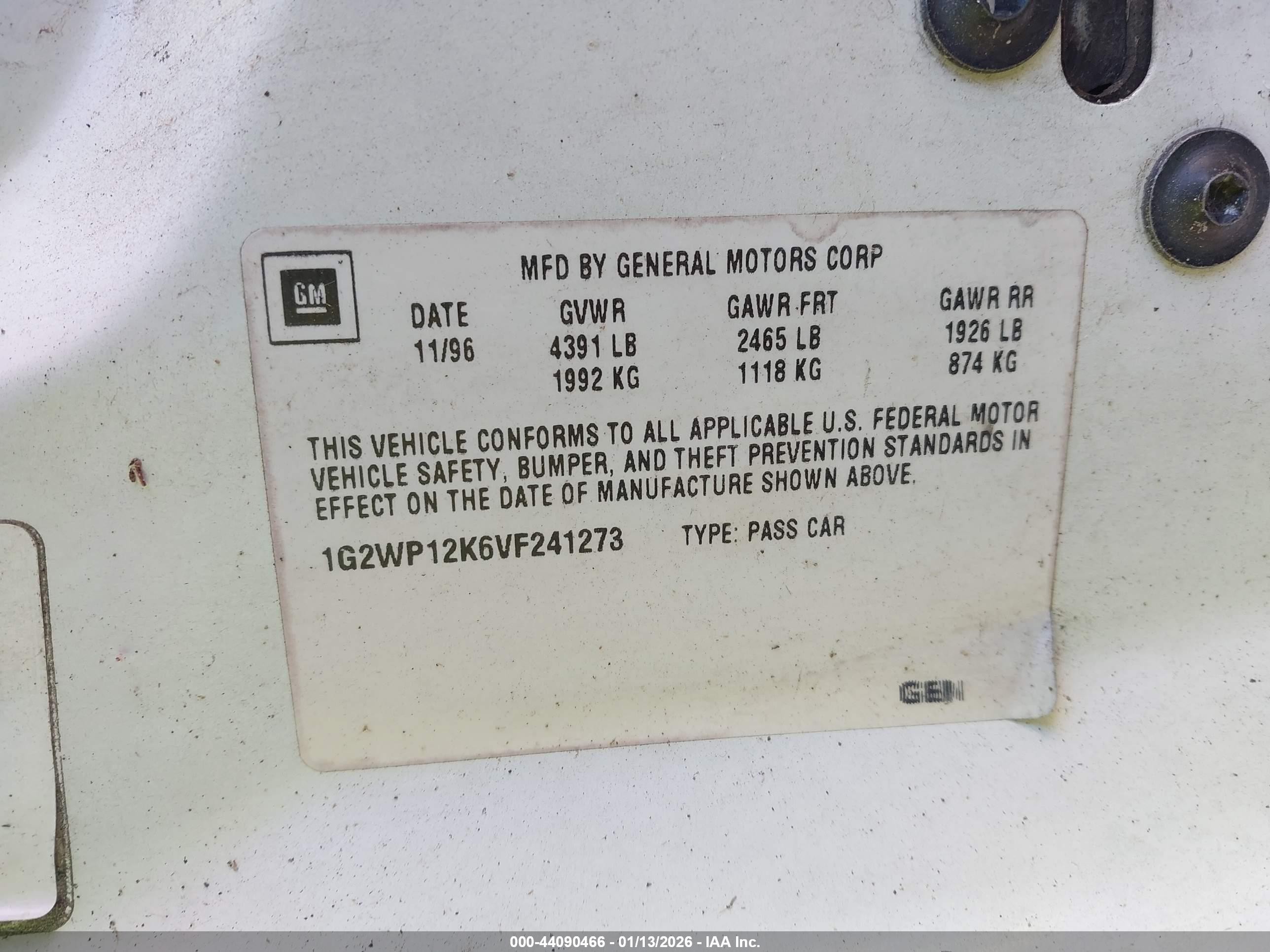 1997 Pontiac Grand Prix Gt White vin: 1G2WP12K6VF241273