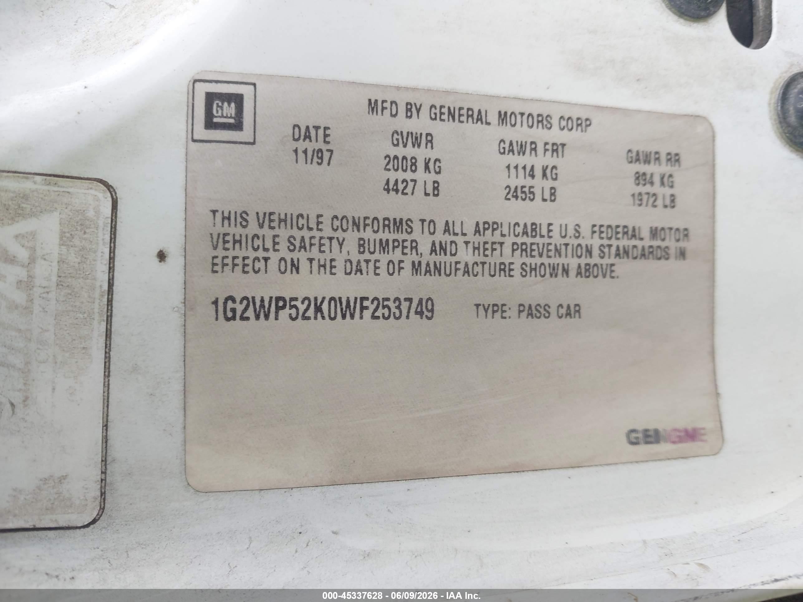 1998 Pontiac Grand Prix Gt Белый vin: 1G2WP52K0WF253749