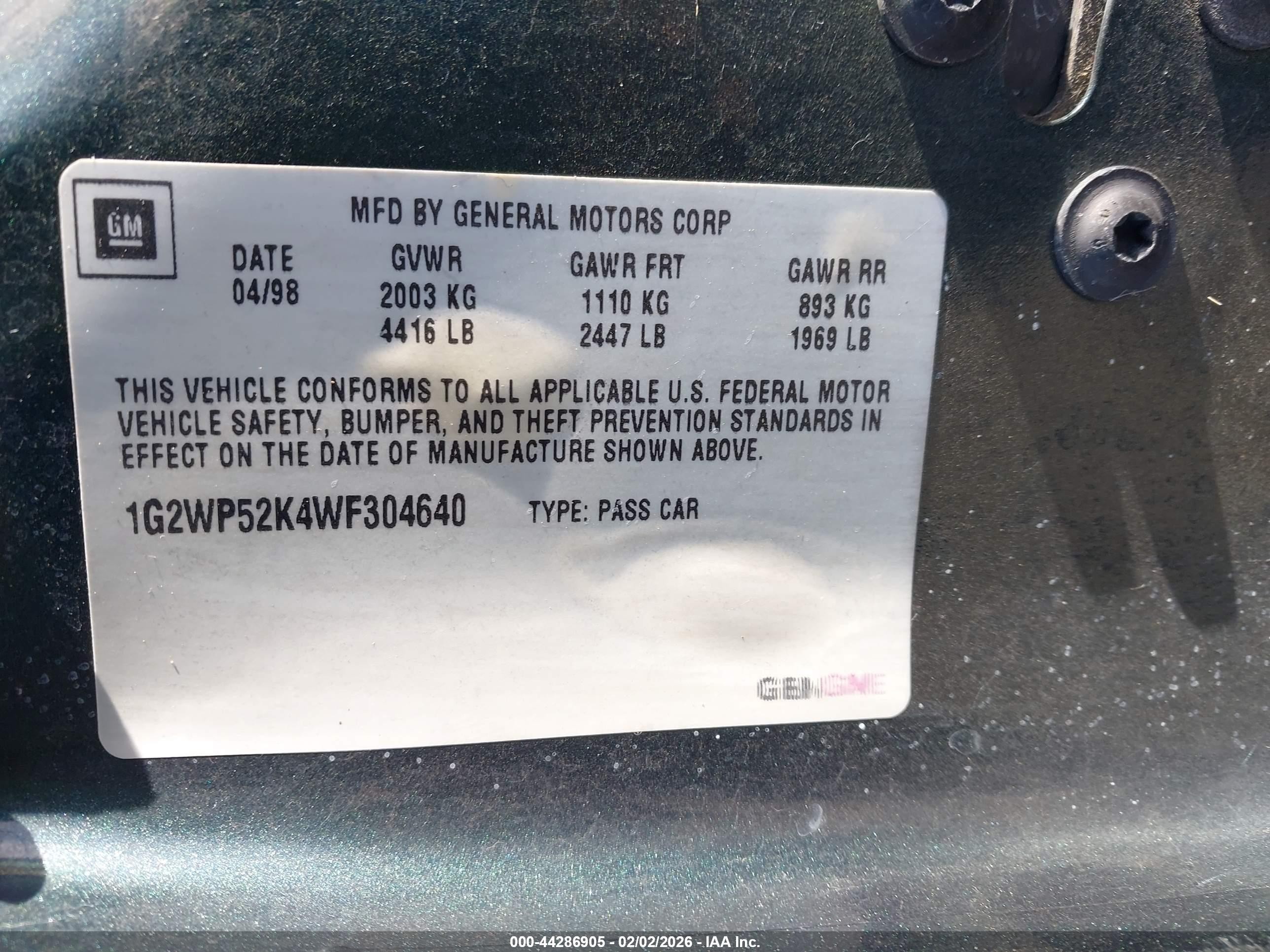 1998 Pontiac Grand Prix Gt Green vin: 1G2WP52K4WF304640