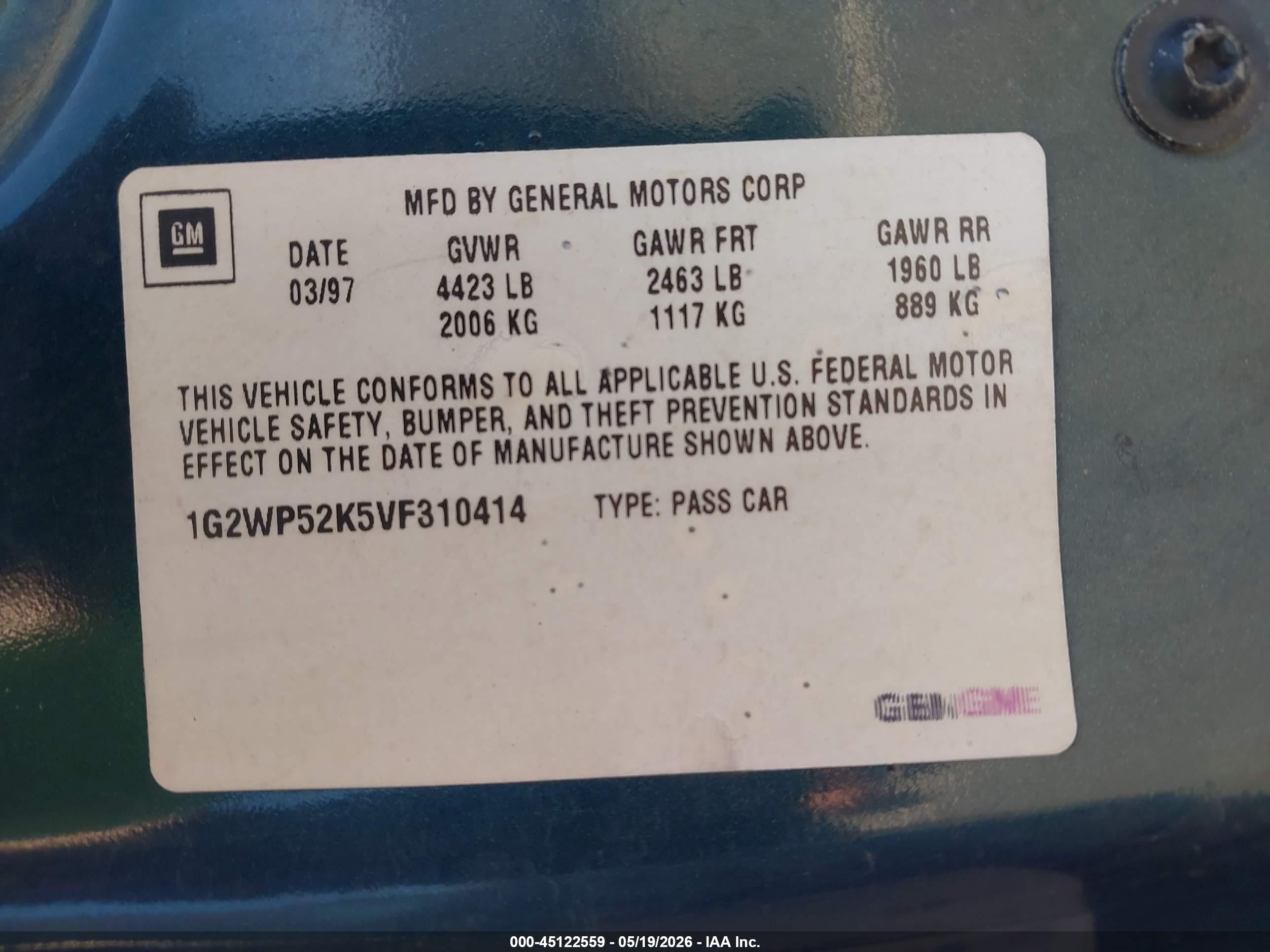 1997 Pontiac Grand Prix Gt Green vin: 1G2WP52K5VF310414
