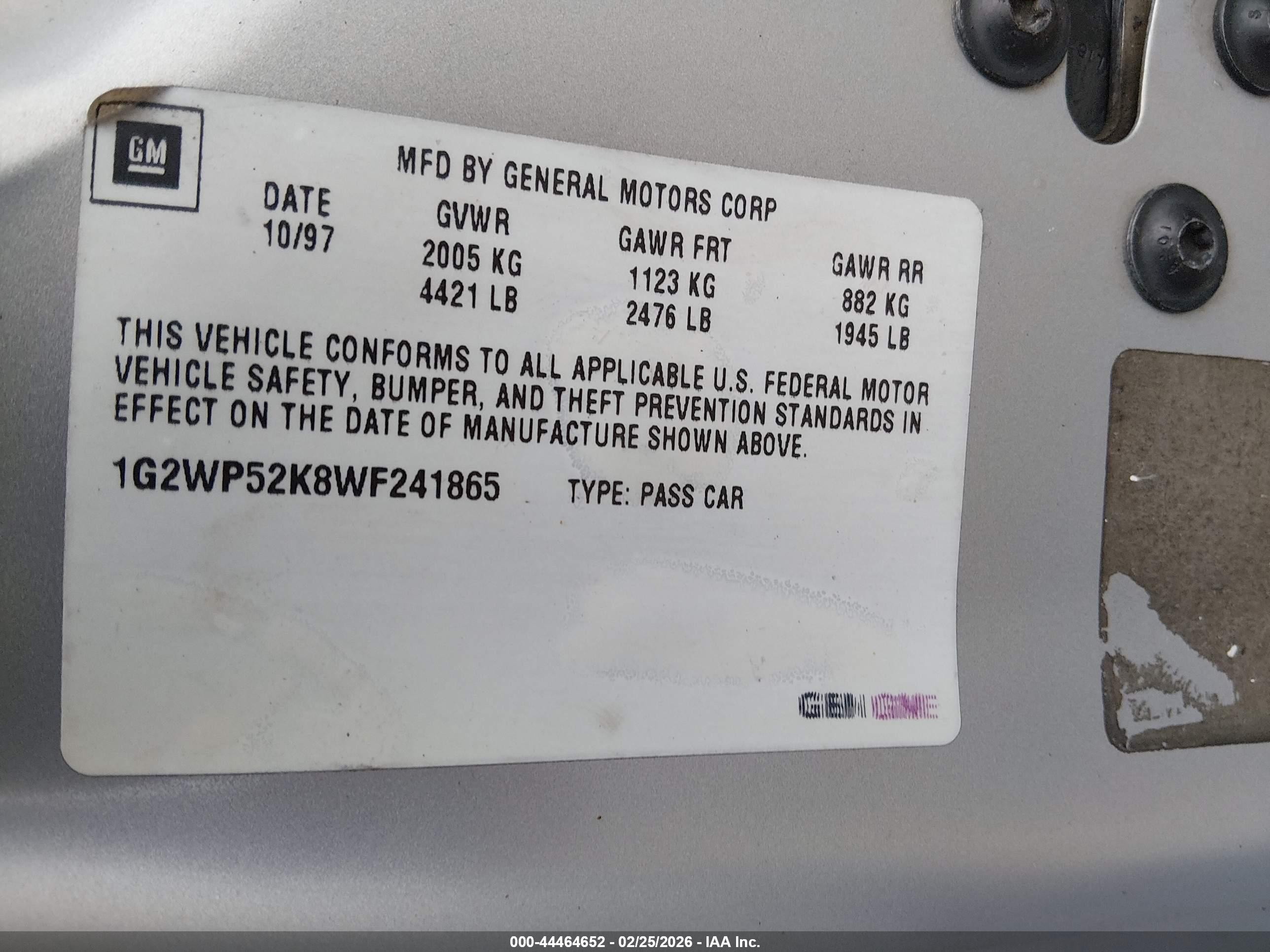 1998 Pontiac Grand Prix Gt Серый vin: 1G2WP52K8WF241865