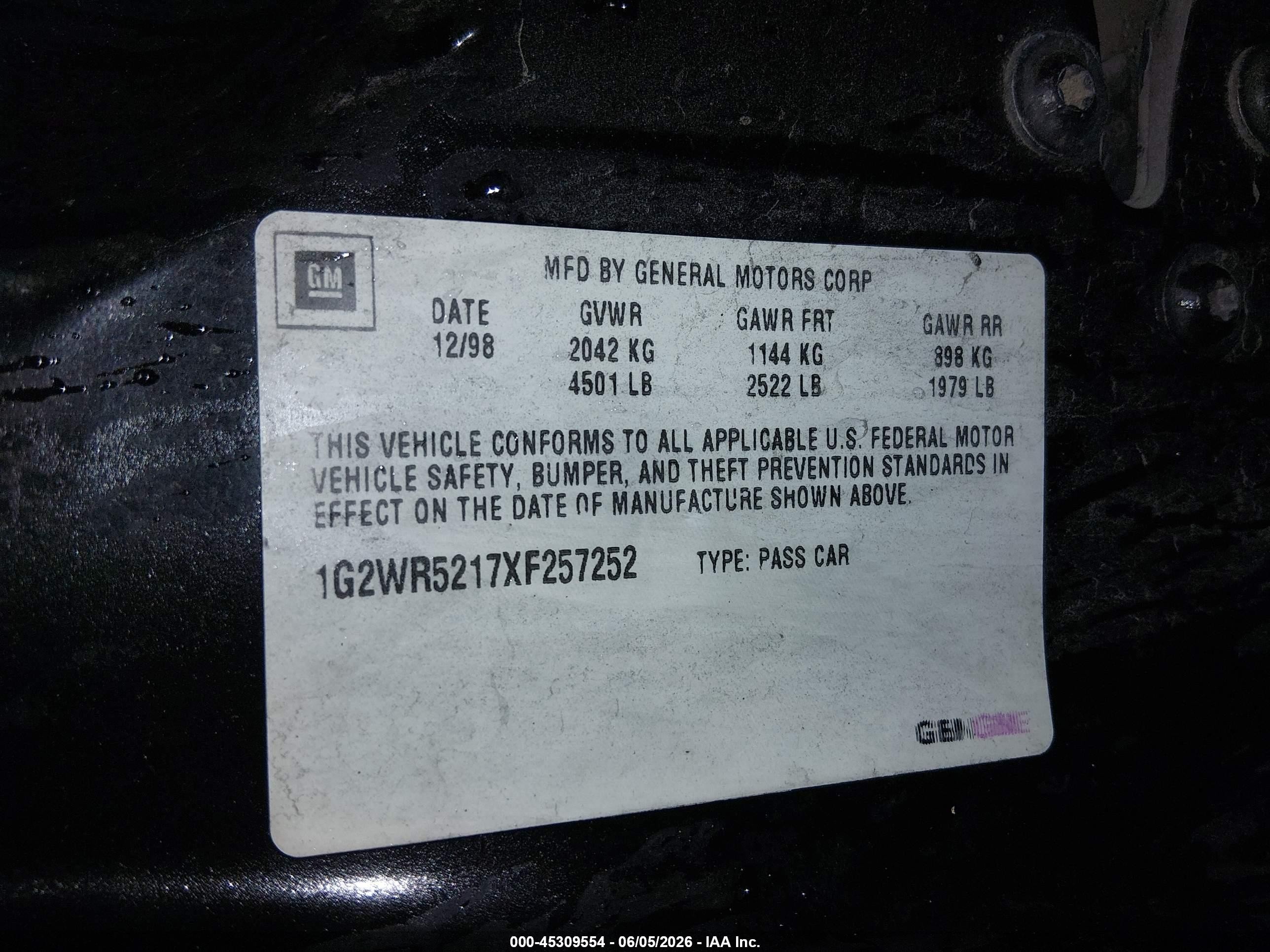 1999 Pontiac Grand Prix Gtp Black vin: 1G2WR5217XF257252