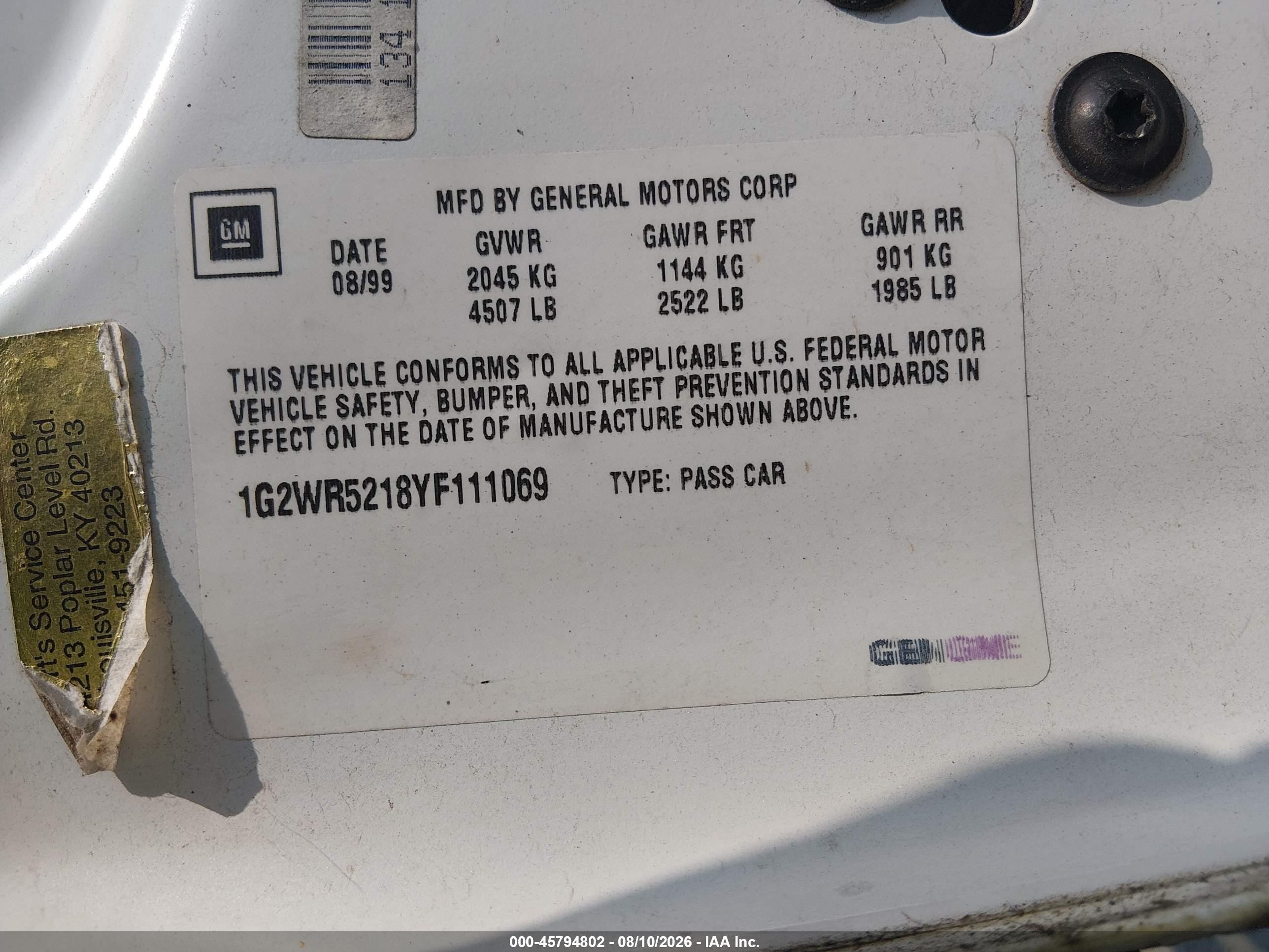 2000 Pontiac Grand Prix Gtp White vin: 1G2WR5218YF111069