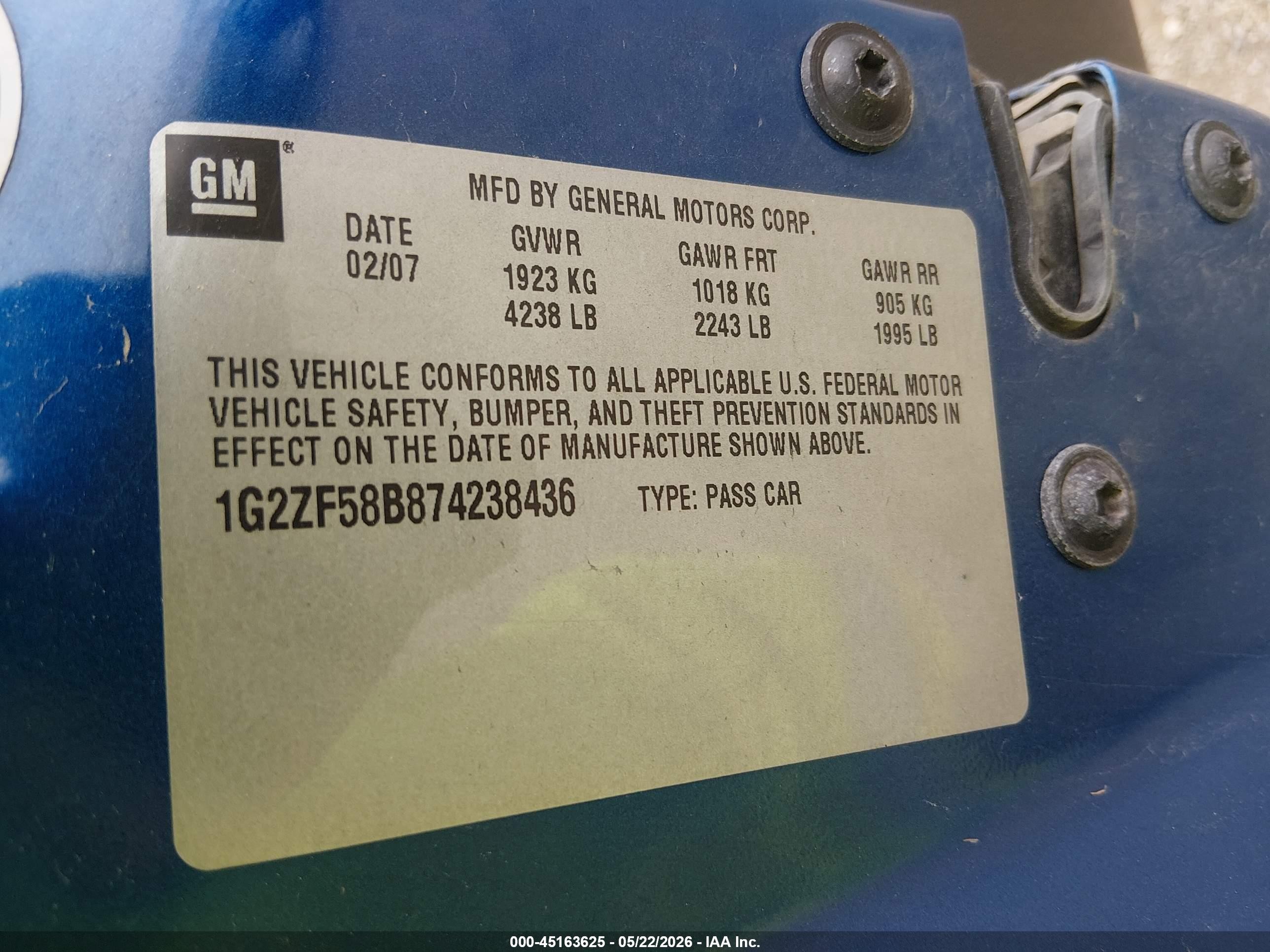 2007 Pontiac G6 Value Leader Blue vin: 1G2ZF58B874238436