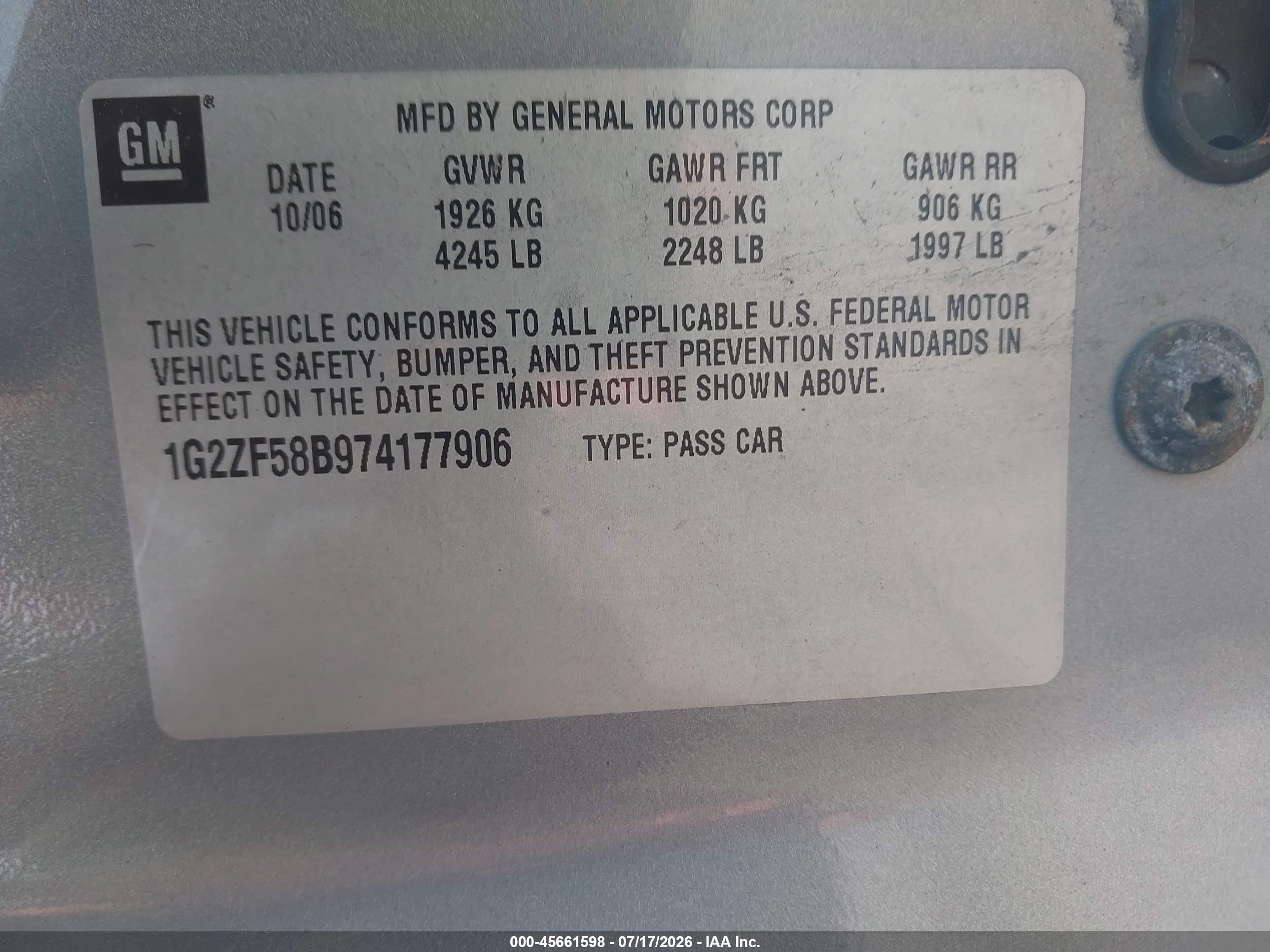 2007 Pontiac G6 Value Leader Blue vin: 1G2ZF58B974177906