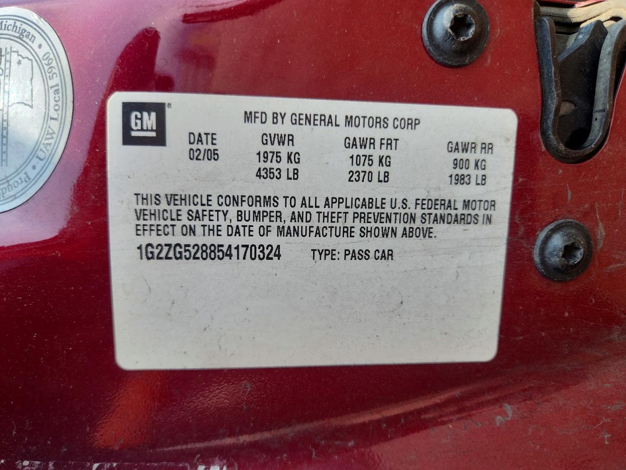 2005 Pontiac G6 Burgundy vin: 1G2ZG528854170324
