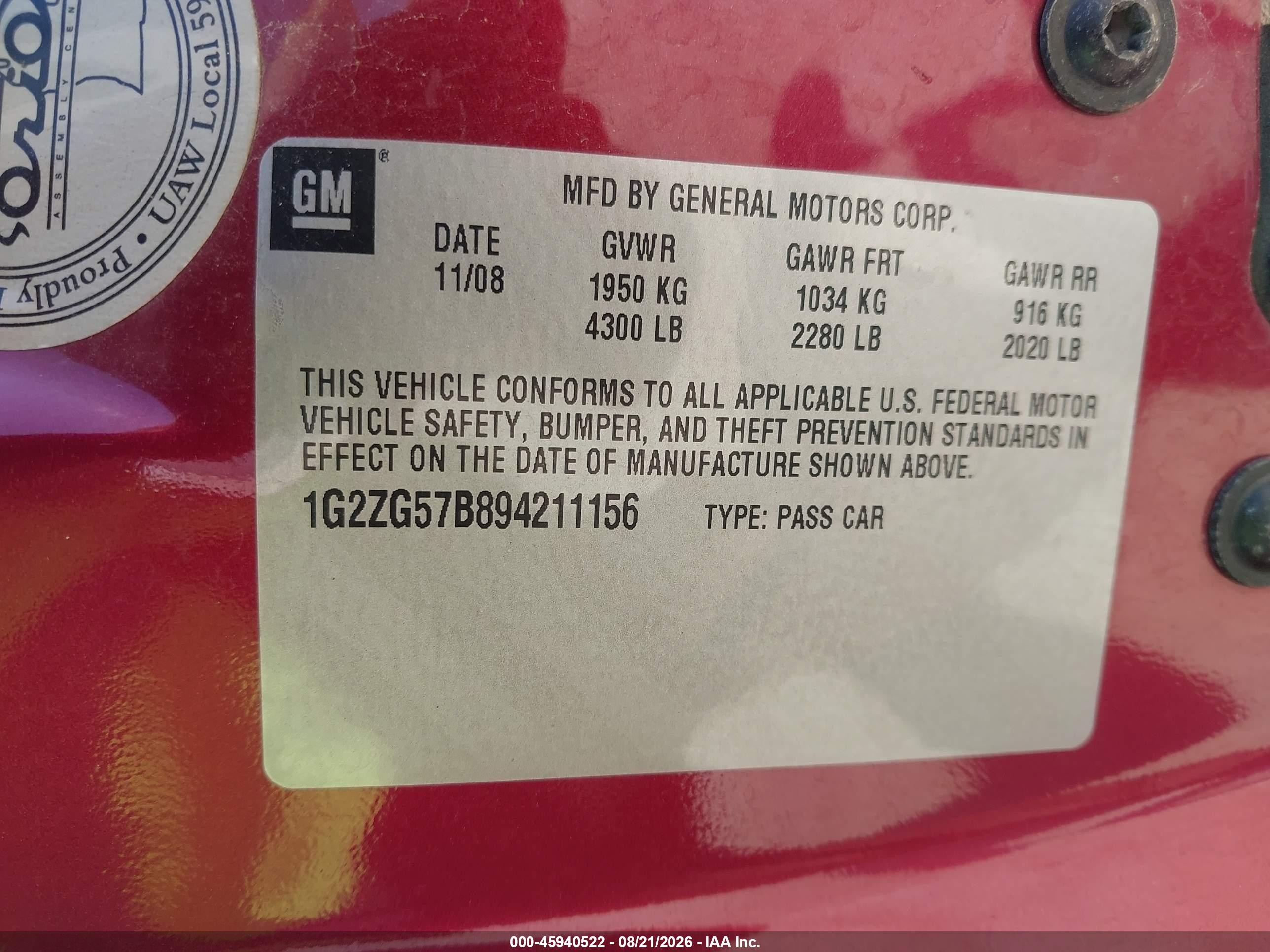 2009 Pontiac G6   Red vin: 1G2ZG57B894211156