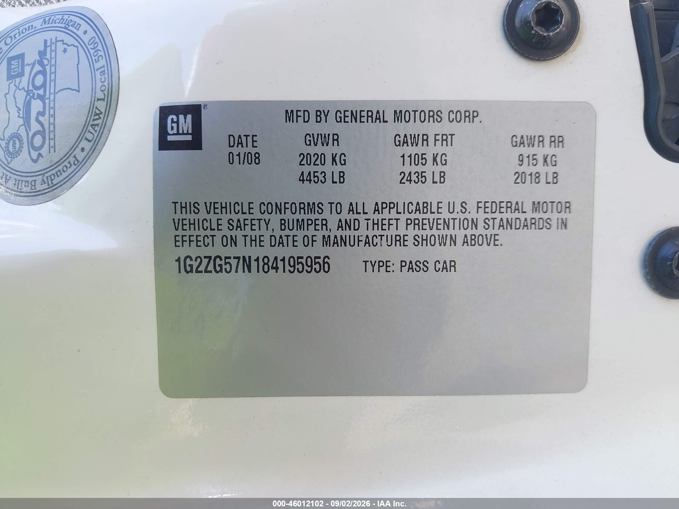 2008 Pontiac G6 White vin: 1G2ZG57N184195956