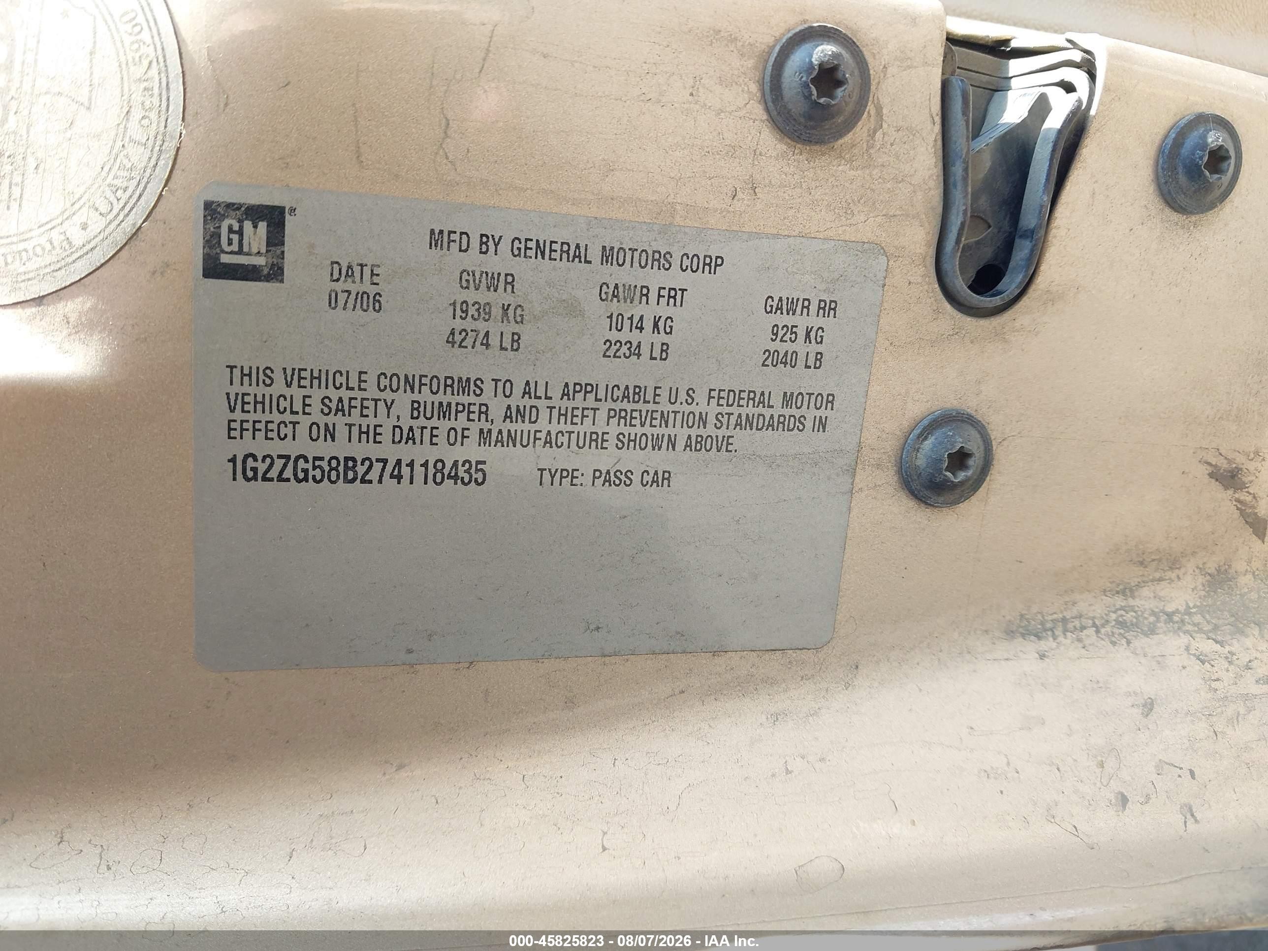 2007 Pontiac G6   Gold vin: 1G2ZG58B274118435