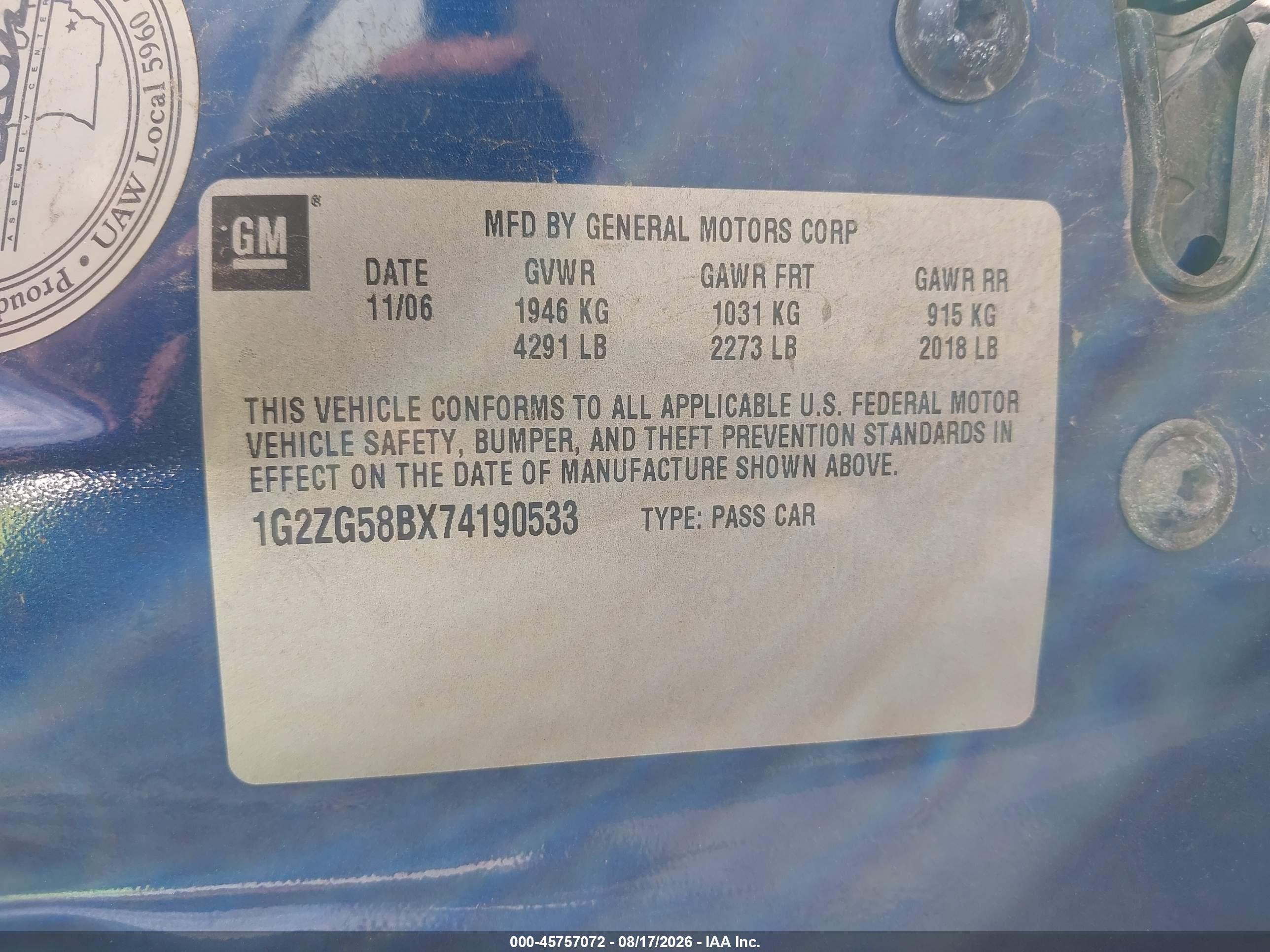 2007 Pontiac G6 Dark Blue vin: 1G2ZG58BX74190533
