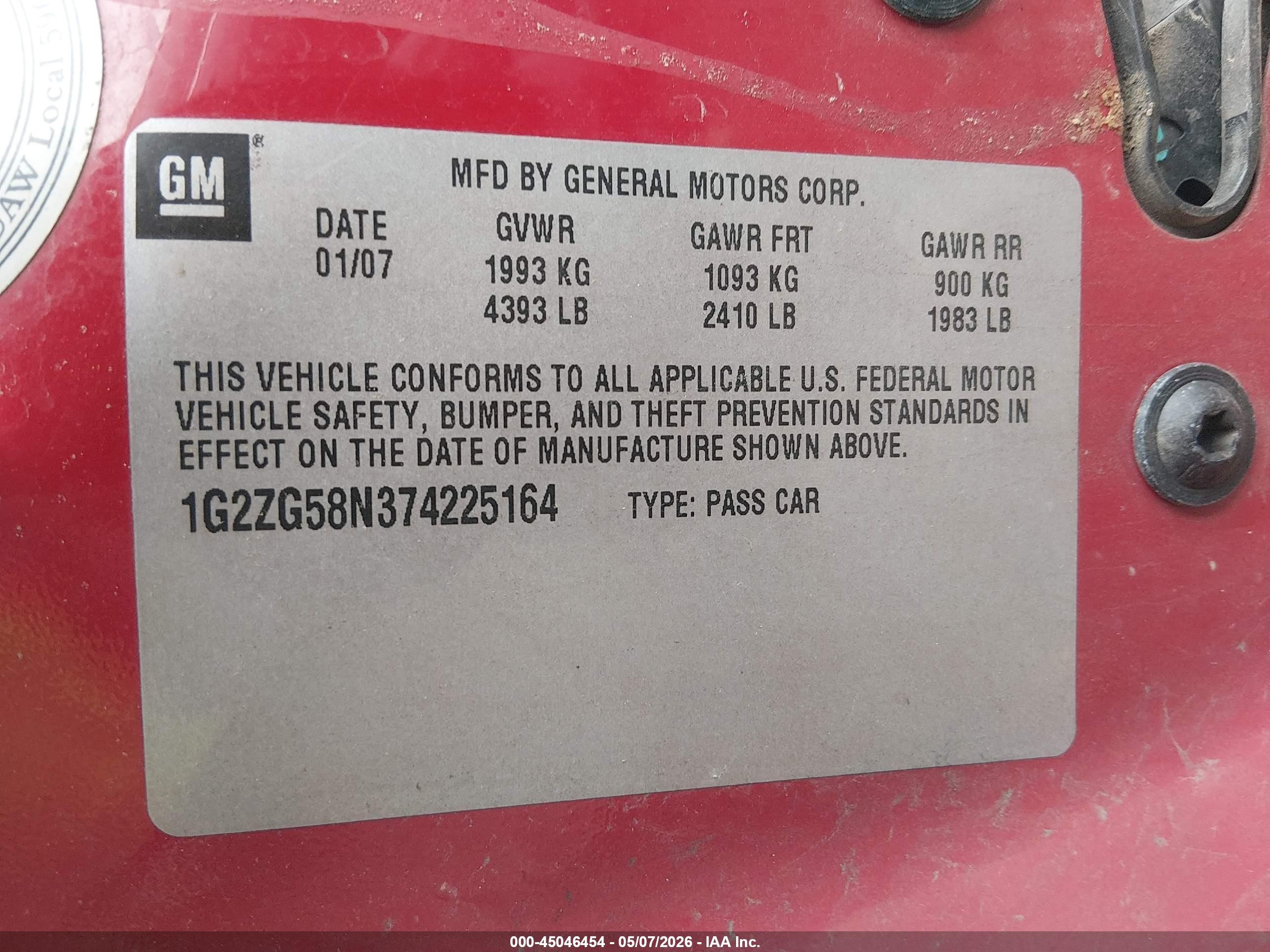 2007 Pontiac G6   Red vin: 1G2ZG58N374225164