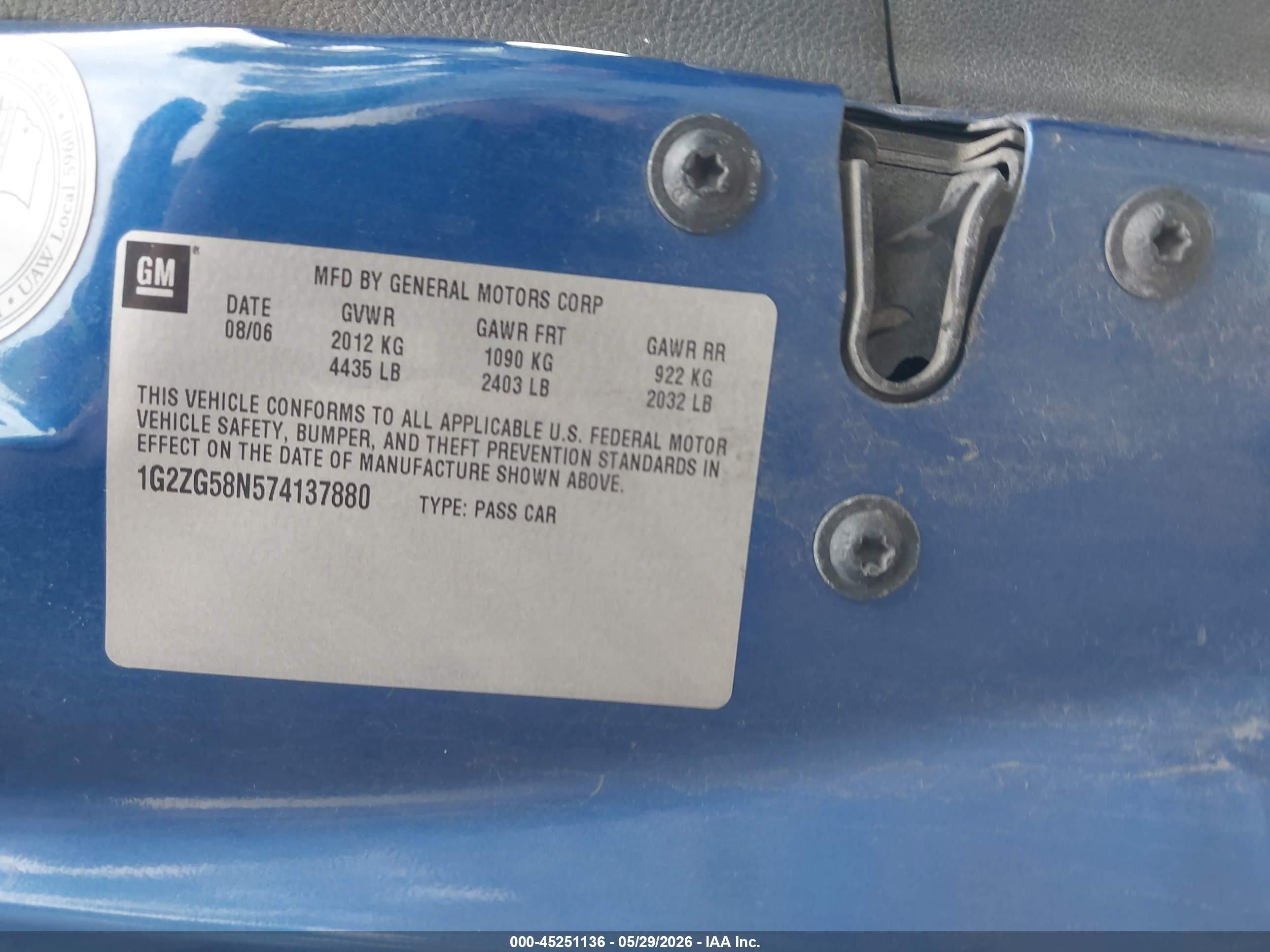 2007 Pontiac G6   Blue vin: 1G2ZG58N574137880