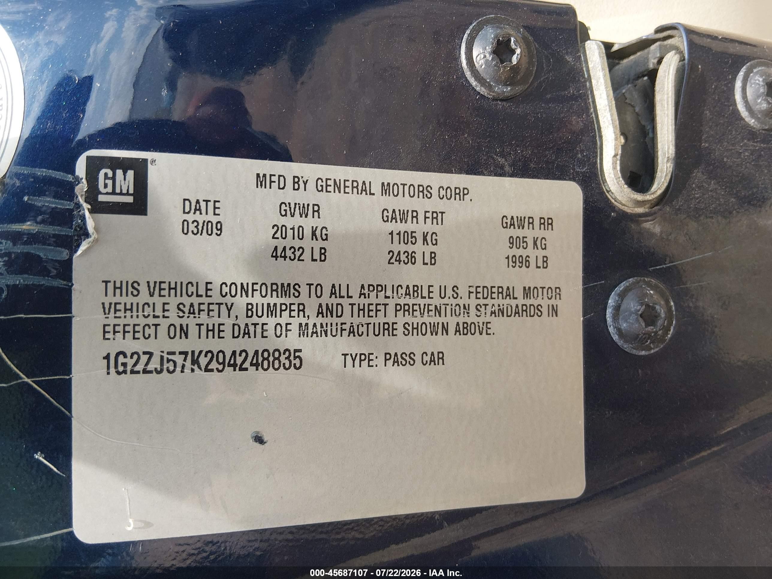 2009 Pontiac G6 New Se Blue vin: 1G2ZJ57K294248835