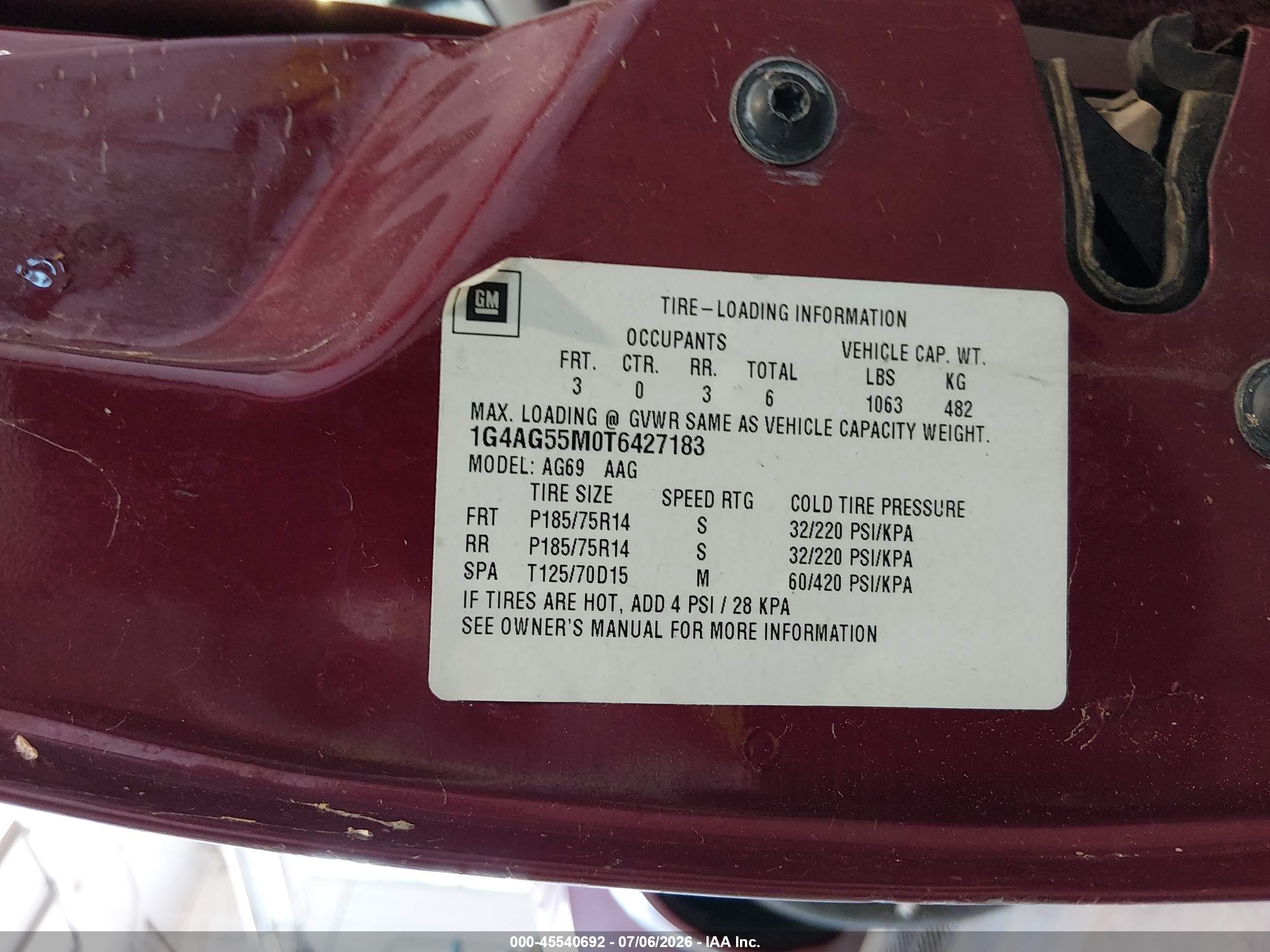 1996 Buick Century Special/custom/limited Red vin: 1G4AG55M0T6427183