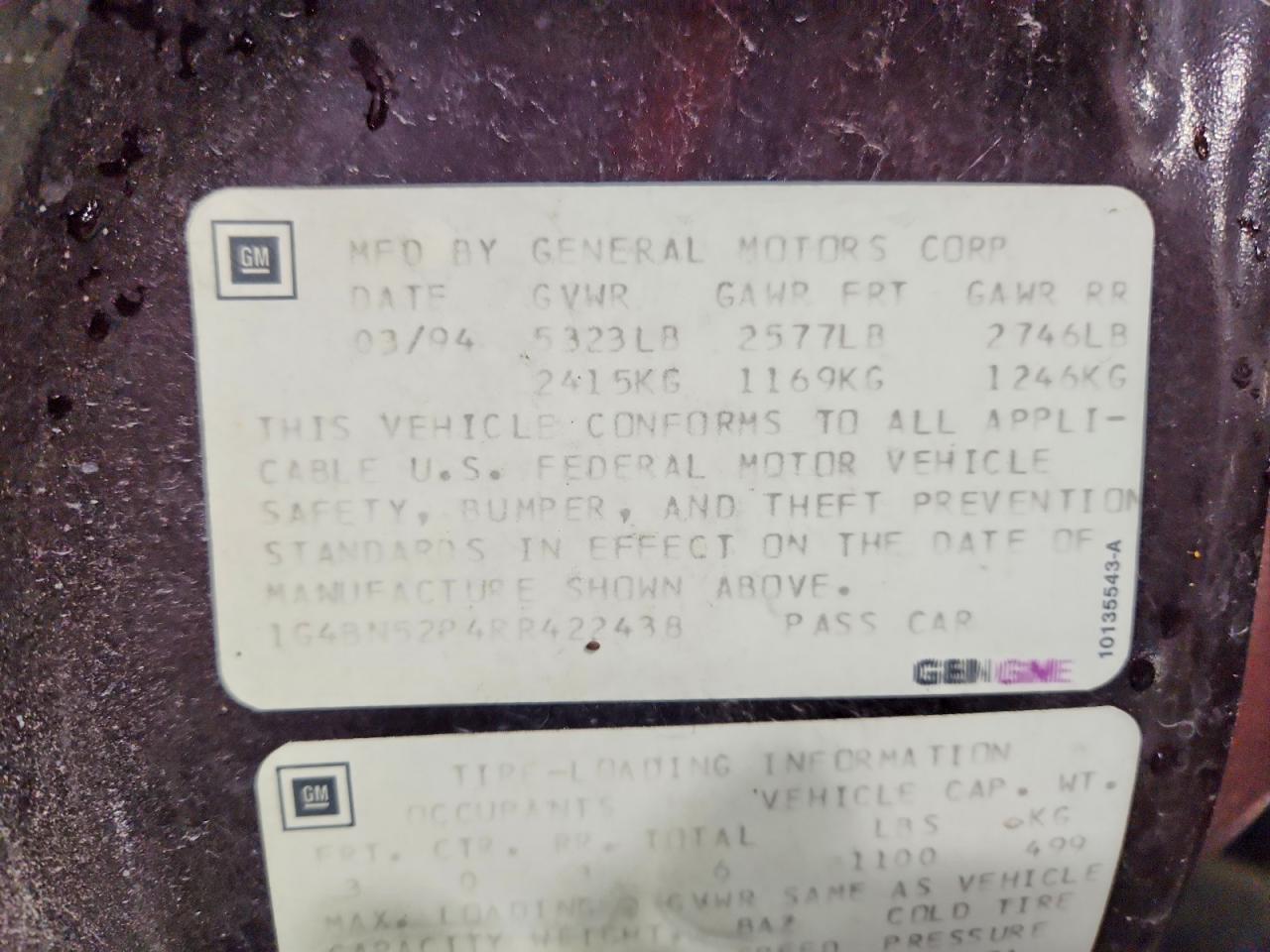 1994 Buick Roadmaster Burgundy vin: 1G4BN52P4RR422438