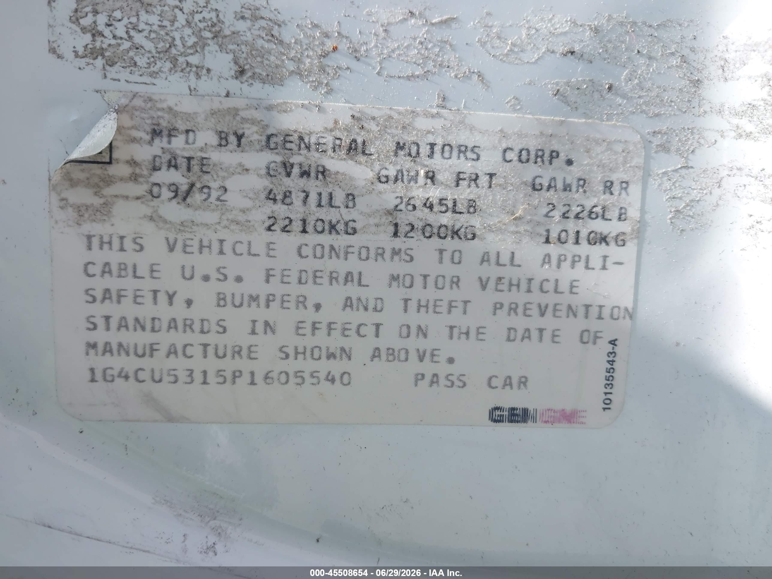 1993 Buick Park Avenue Ultra White vin: 1G4CU5315P1605540