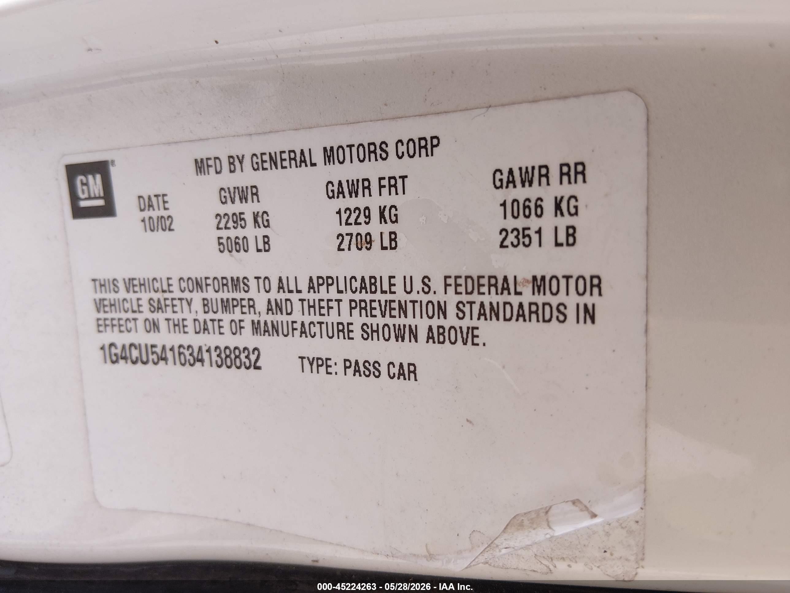 2003 Buick Park Avenue Ultra White vin: 1G4CU541634138832