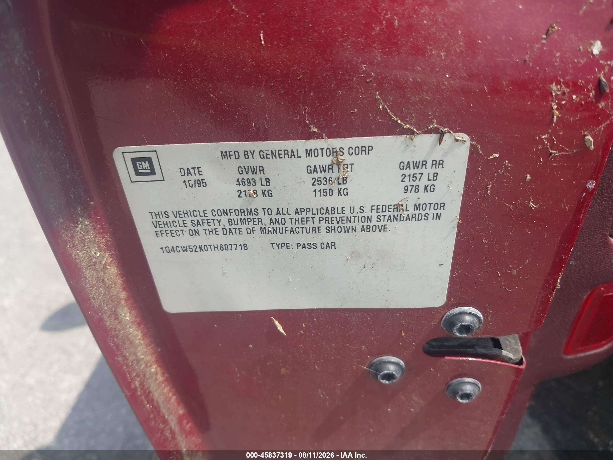 1996 Buick Park Avenue Red vin: 1G4CW52K0TH607718