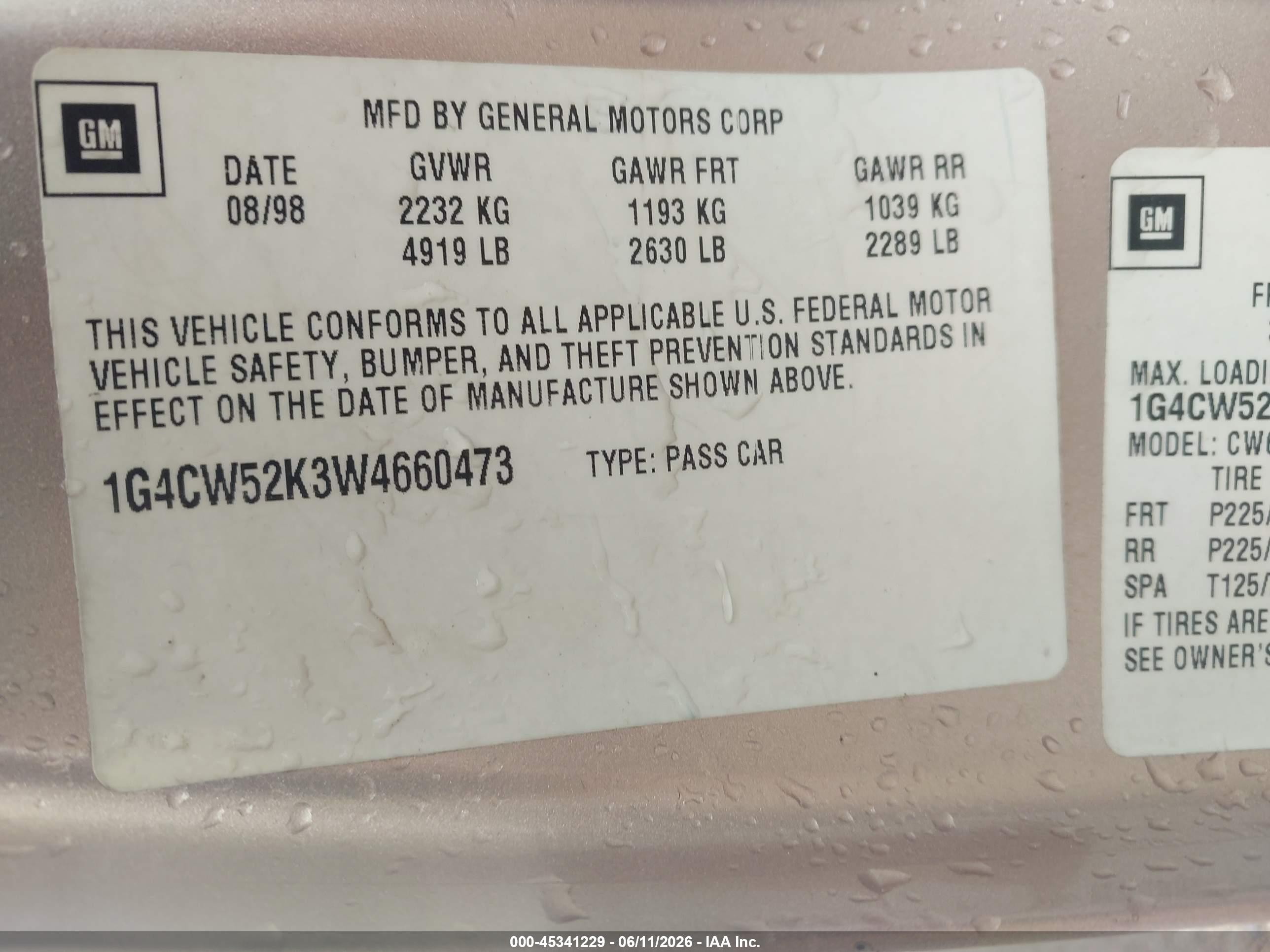 1998 Buick Park Avenue   Tan vin: 1G4CW52K3W4660473