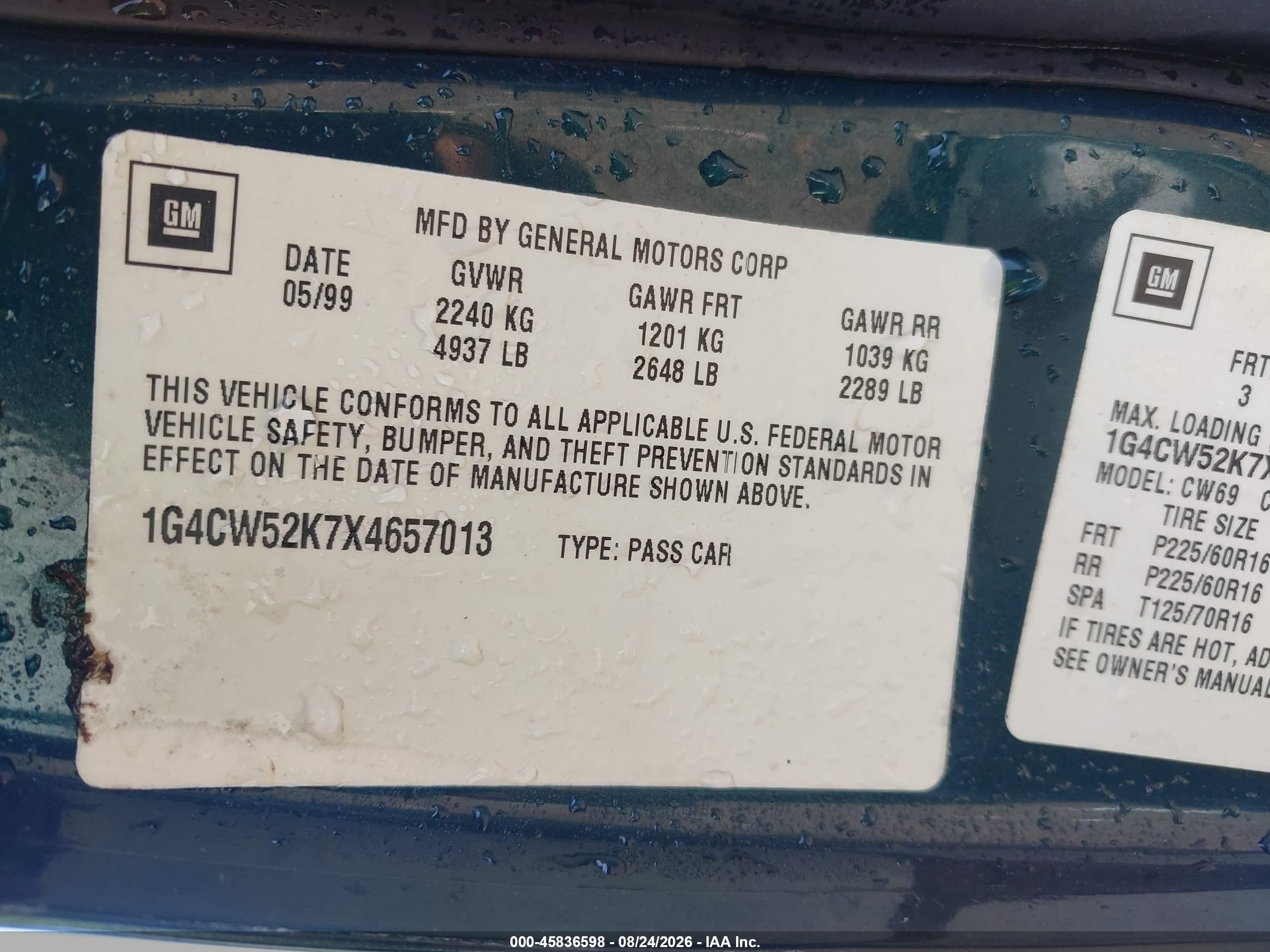 1999 Buick Park Avenue   Green vin: 1G4CW52K7X4657013