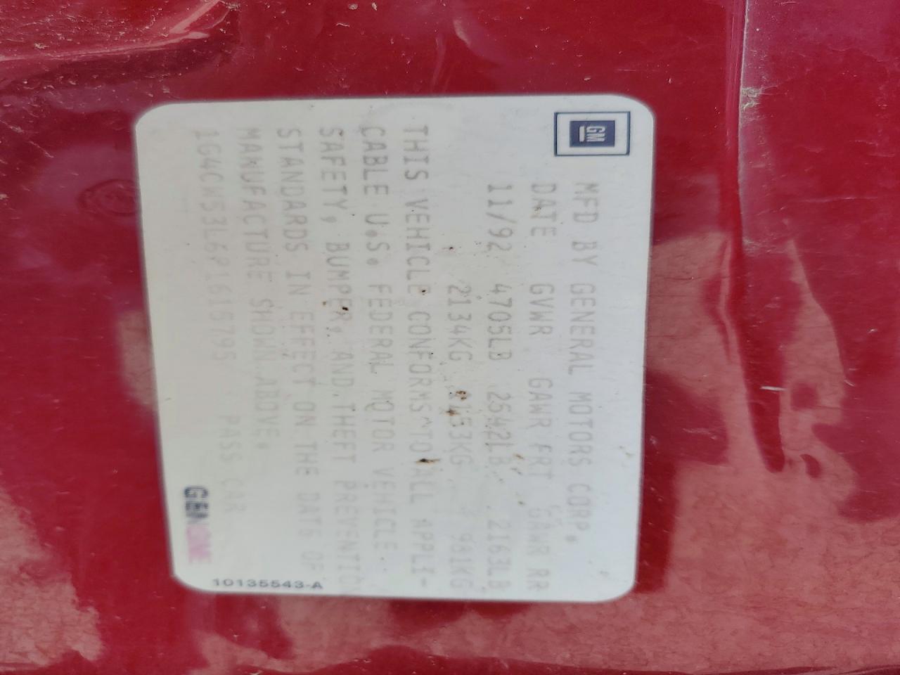 1993 Buick Park Avenue Red vin: 1G4CW53L6P1615795
