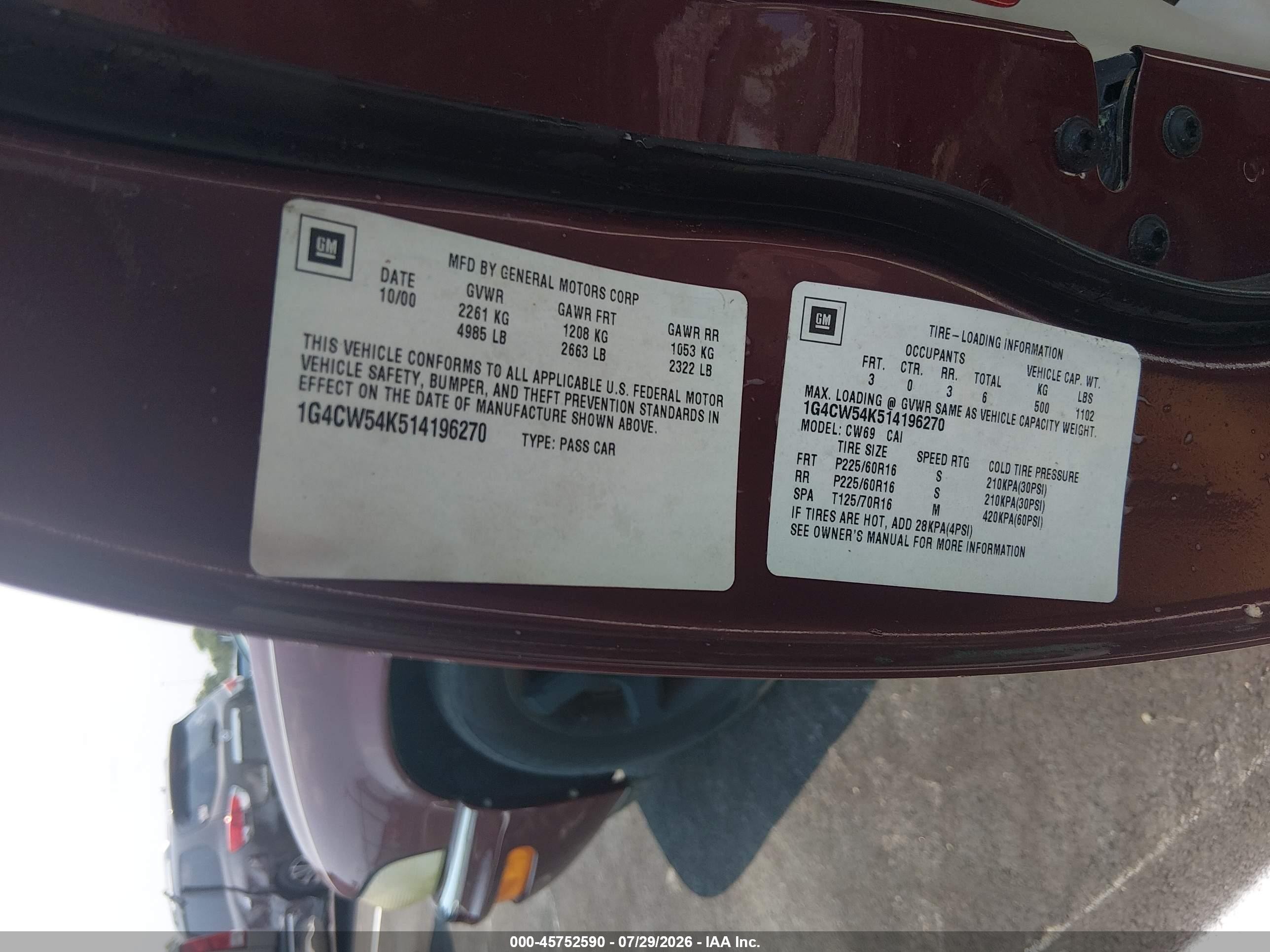 2001 Buick Park Avenue   Burgundy vin: 1G4CW54K514196270